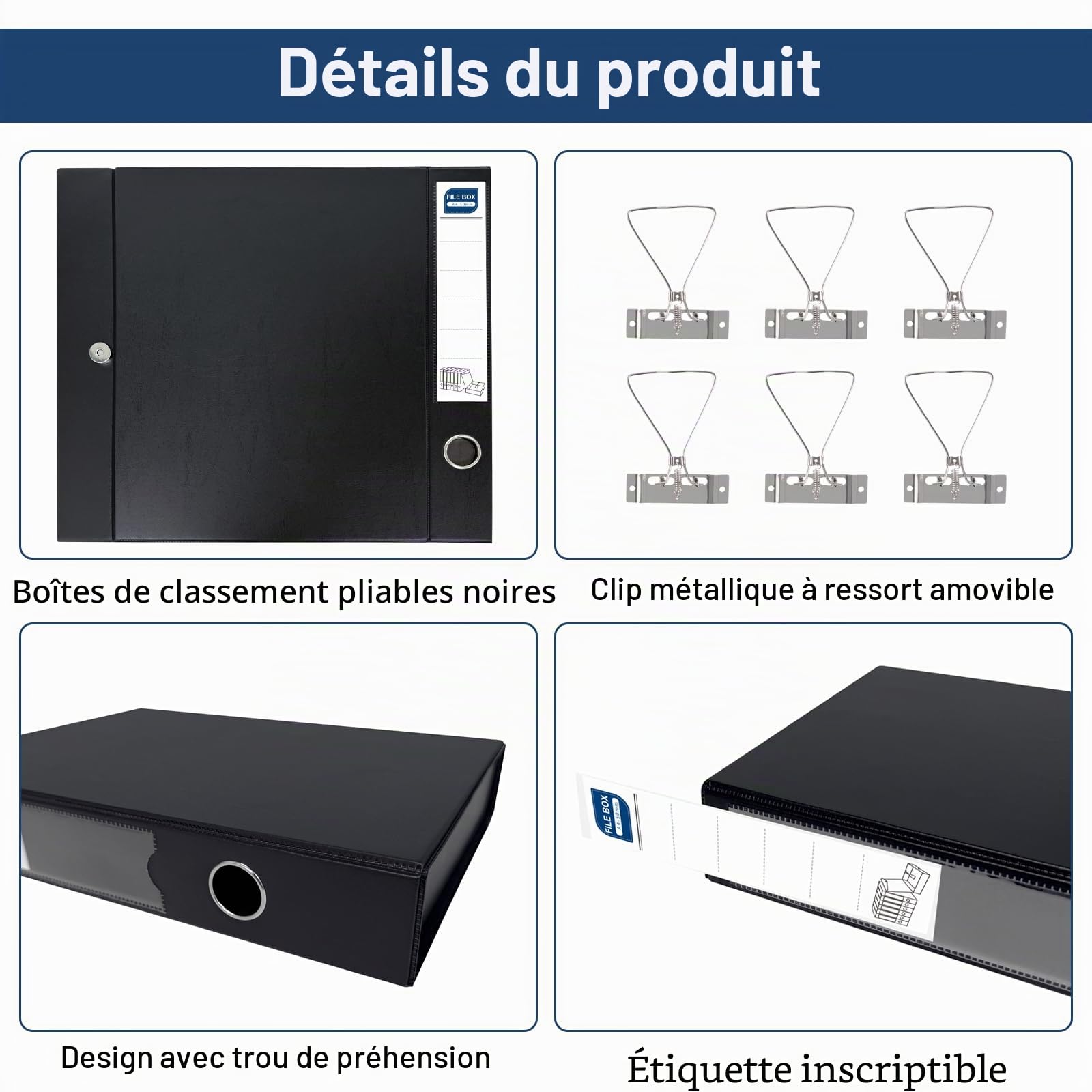 Lot de 6 Boîtes de Classement A4, Dos de 50 mm, Noir