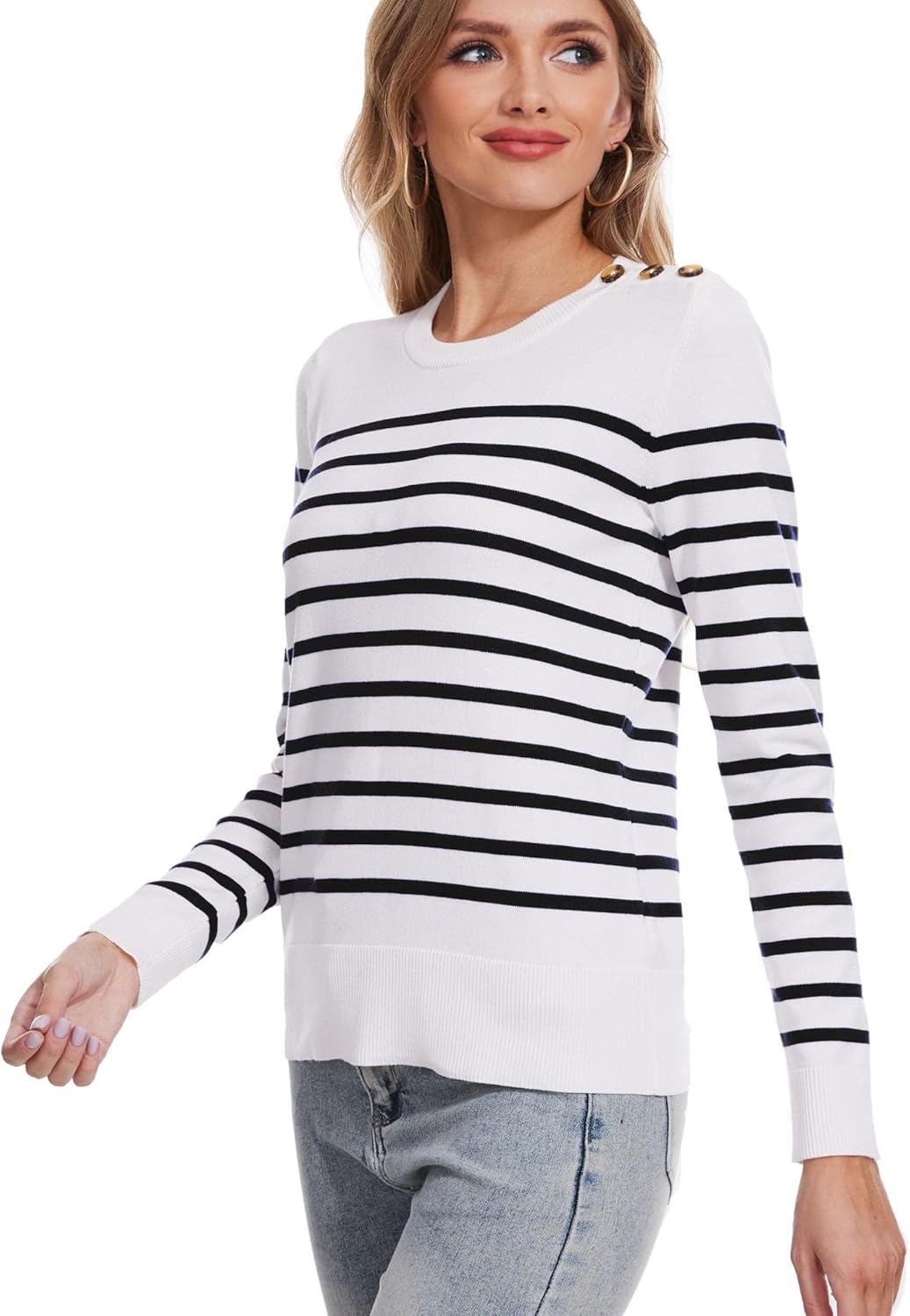 Spicy Sandia Women's Lightweight Long Sleeve Crew Neck Sweaters Striped Casual Knit Pullover Tops - Image 3