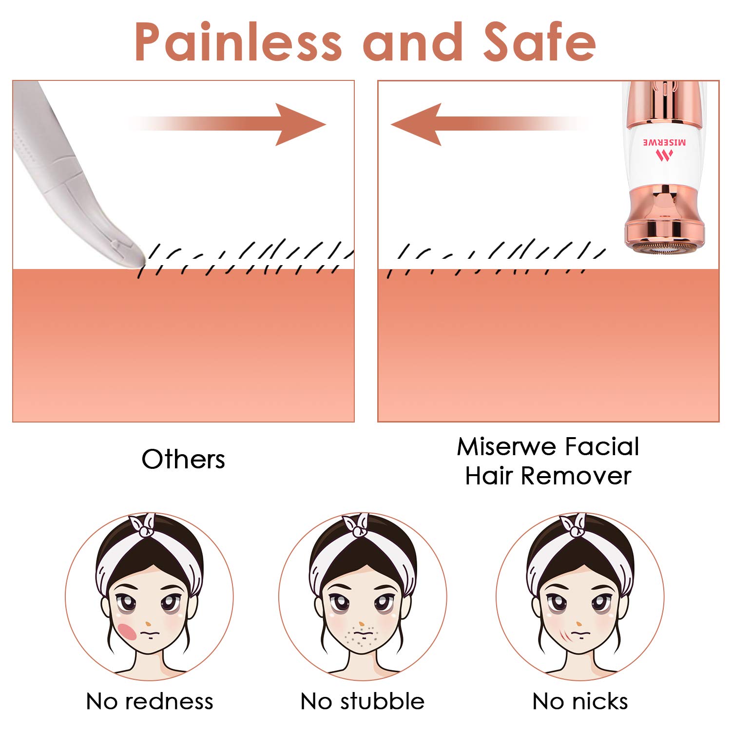 Miserwe Women's Painless Hair Remover Facial Hair Removal Painless Hair Trimmer Shaver Waterproof for Facial Bikini area Body Hair, Gold 2