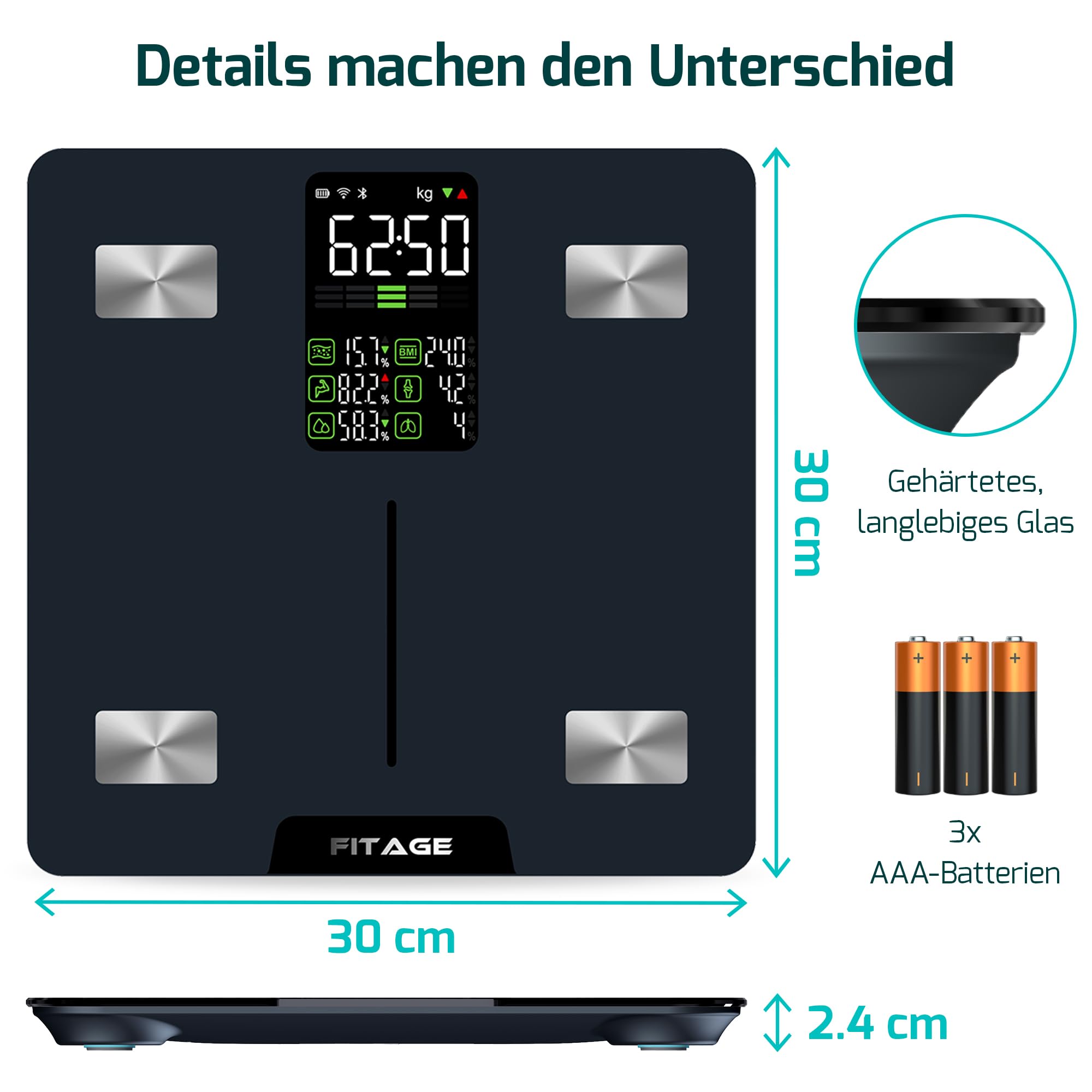 Personenwaage digital Testsieger 2025, Körperwaage bis 225kg, Körperfettwaage mit 17 Körpermesswerten, Körperanalyse mit App, Waage mit Körperfett und Muskelmasse mit großem LED-Display - Schwarz