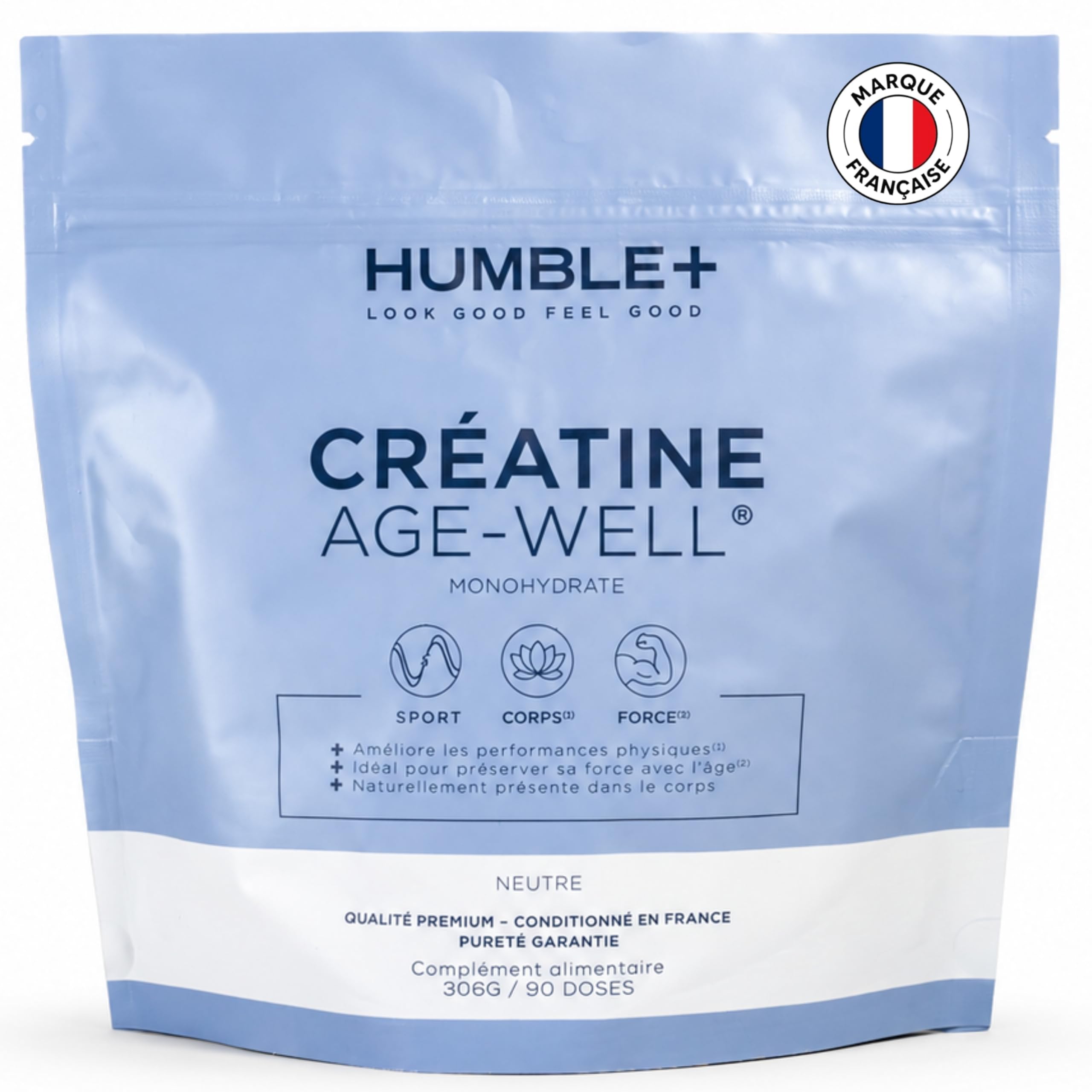 HUMBLE+ Créatine Monohydrate Age-Well® en Poudre (pureté 99,9%) - Supplément de Créatine Premium pour les Performances Physiques - Hautement Dosée - 306 g, 90 Portions - Marque Française