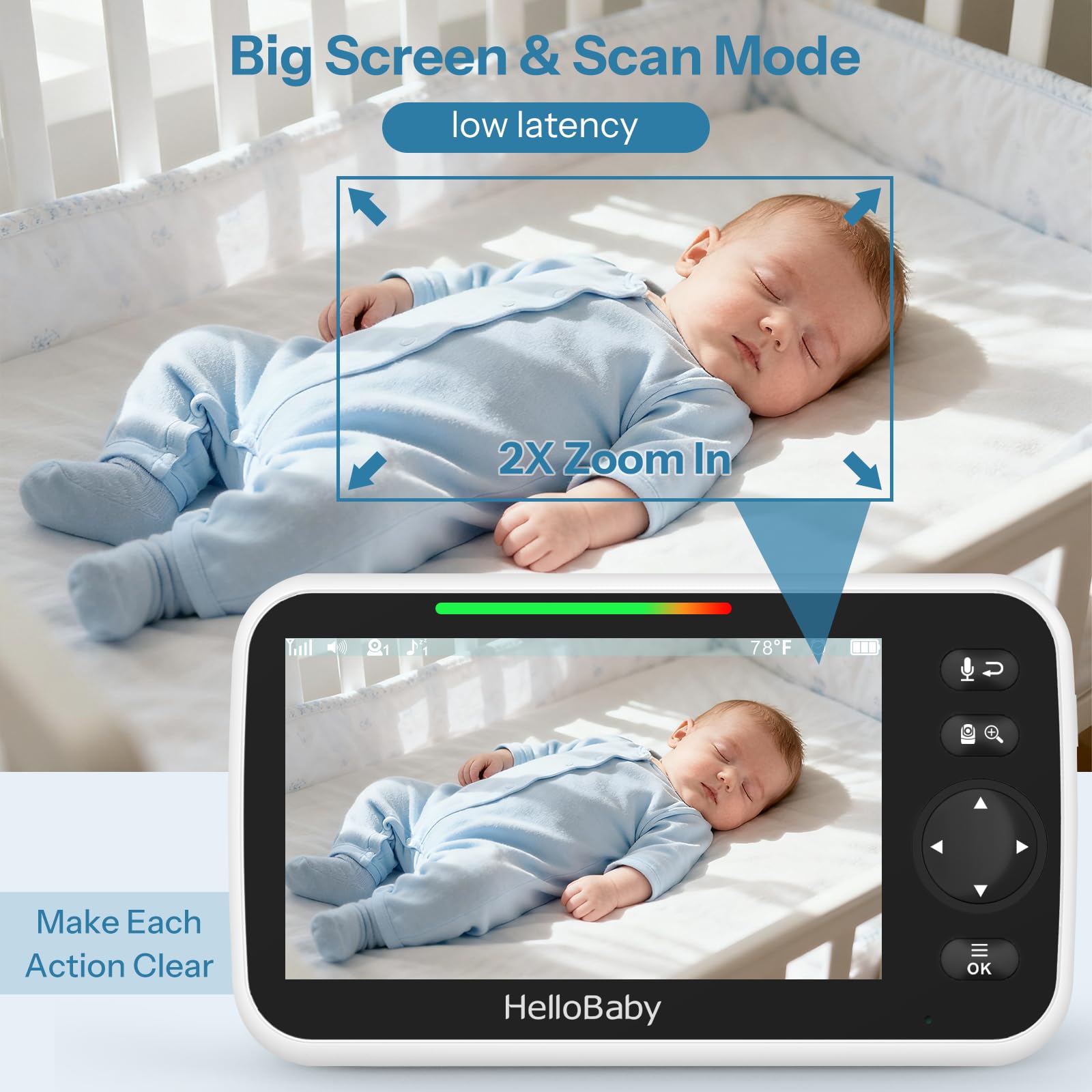 HelloBaby HB50 Babyfoon Met Camera - Extra Groot LCD Display Nachtzicht Terugspreekfunctie Temperatuurcontrole Slaapliedjes Zoomfunctie