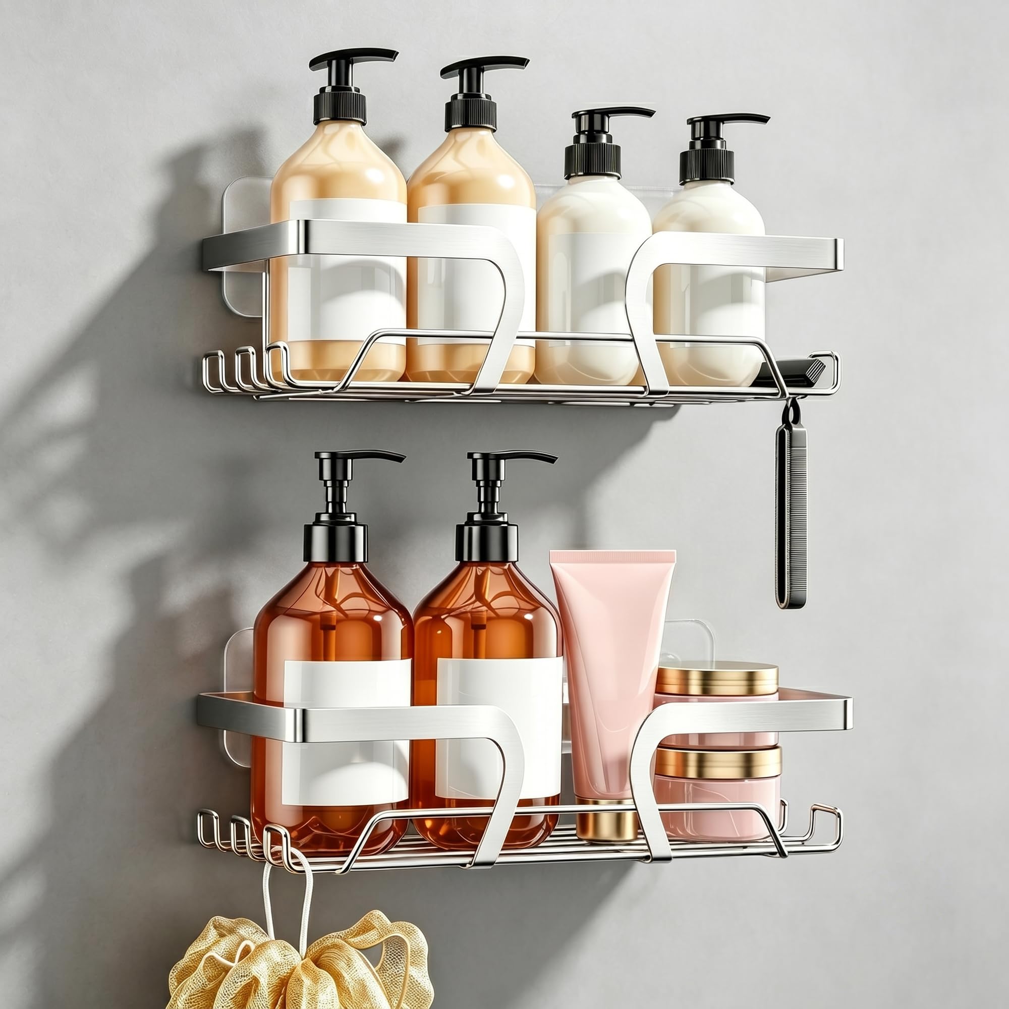 KEGII 2 Pack Adhesive Shower Caddy – No Drill Stainless Steel Shower Shelf Self Adhesive Bathroom Storage for Shampoo & Conditioner, Rustproof Silver Caddy for Bathroom, Kitchen Organiser