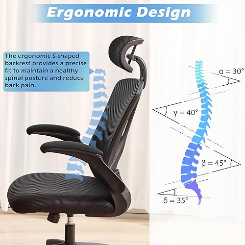 Miniatura 3 de PrimeZone Silla ergonómica de escritorio de oficina, cómoda silla de computadora de malla con brazos abatibles y soporte lumbar, reposacabezas y