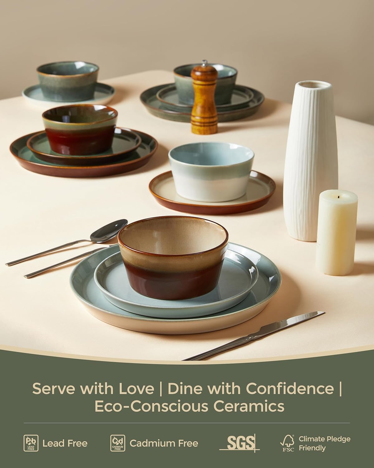 Dinnerware Sets, Microwave Safe Plates and Bowls Sets, Dishes Set for 6, Chip & Scratch Resistant Dinner Set, Hand Glazed Farmhouse Dishware Sets, Green Wheat