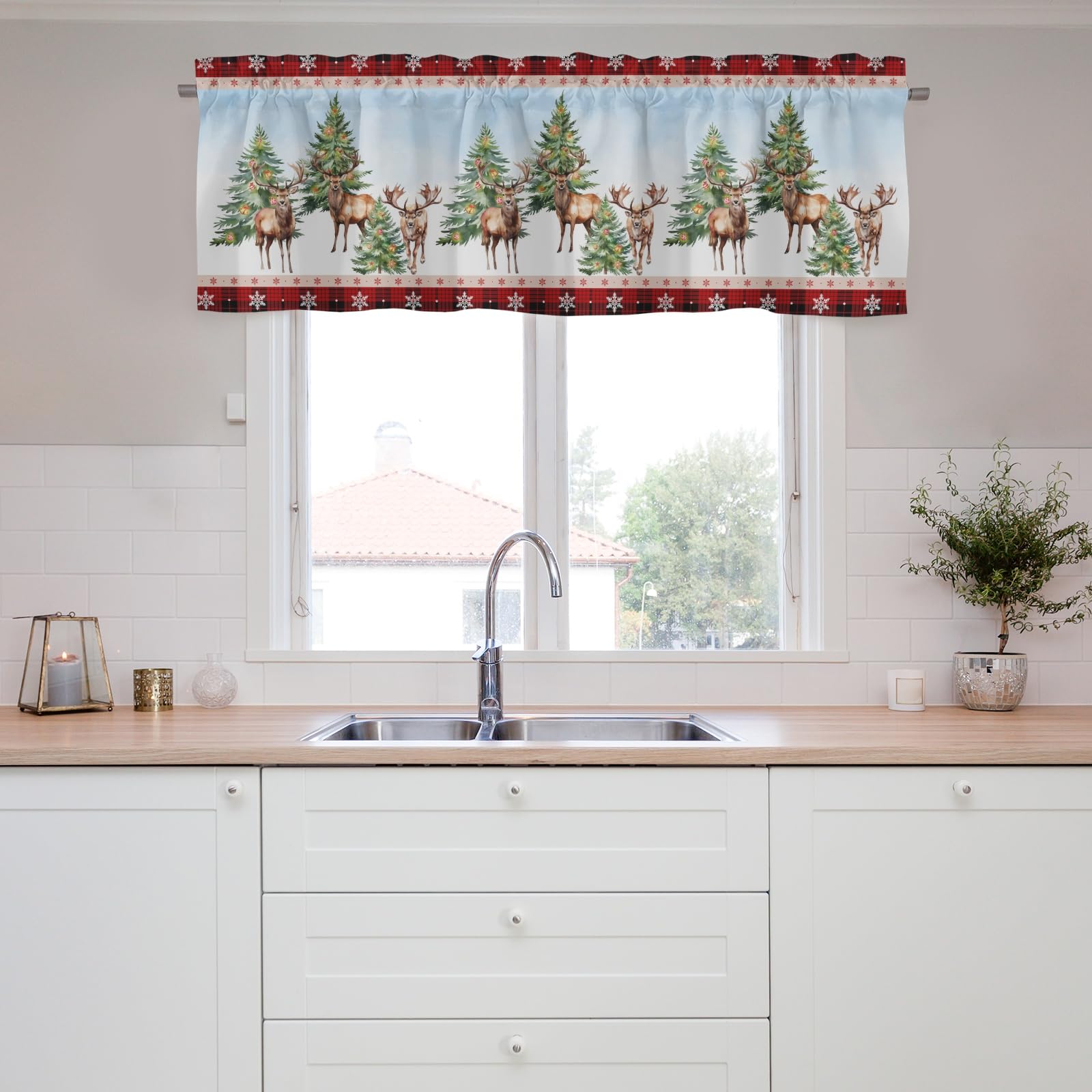 Christmas Deers and Trees Pattern Valance Curtains,Short Curtains Valance for Window,Blackout Valance Curtains,Rod Pocket Valance Window,Christmas Window Curtains for Kitchen Window Bathroom Bedroom