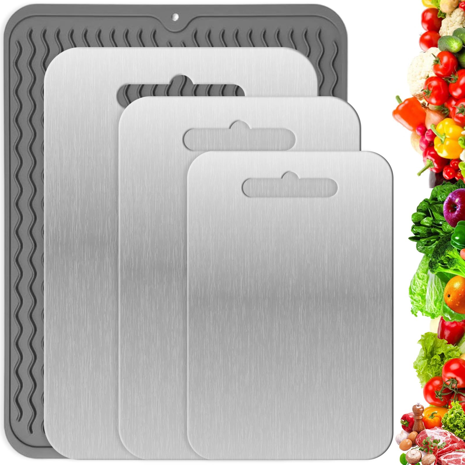 3 Pièces Planche Decouper Titane avec Tapis Silicone, Planches Cuisine Acier Inoxydable, Cutting Board Face Double Qualité Alimentaire,Planche Hygiénique Lave-Vaisselle pour Viande,Légumes et Fruits