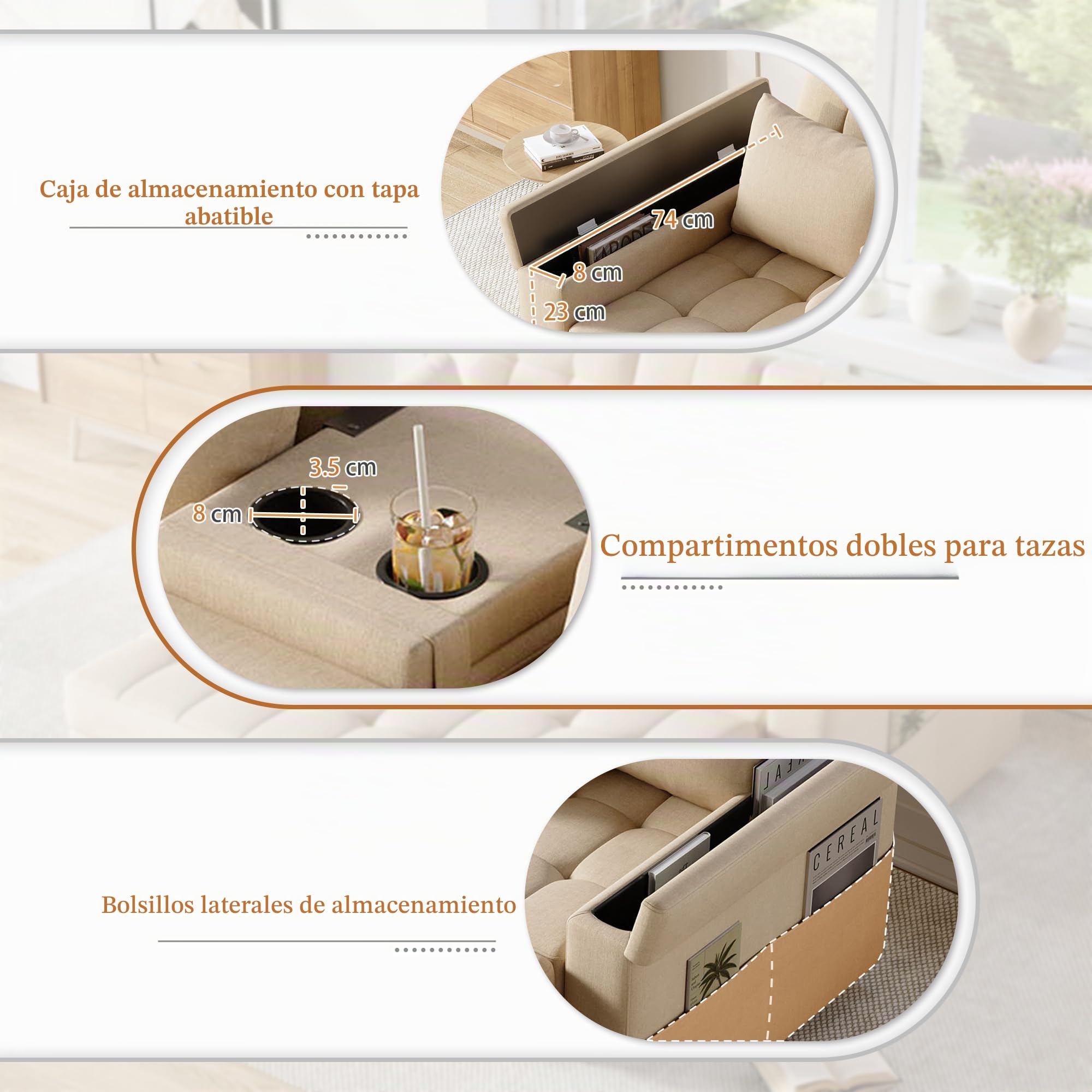 REXO Sofá cama de 2 plazas con espacio de almacenamiento y respaldo ajustable, sofá con reposabrazos y cojines, sofá plegable versátil para salón, dormitorio o apartamento, color beige