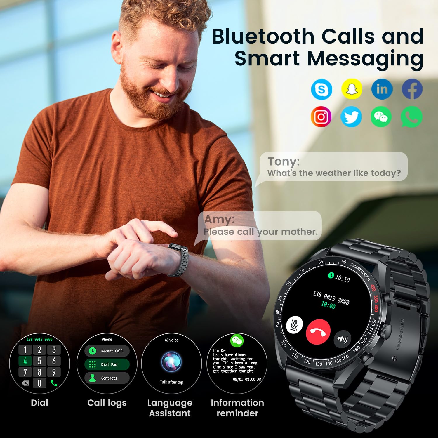 Smartwatch Orologio Uomo Fitness Watch - 1,39"Rotondo Orologi Chiamate Telefono Sanguigna Pressione Digitale Impermeabile Contapassi Sportivo Polso Cardiofrequenzimetro Tracker Compatibile Android iOS