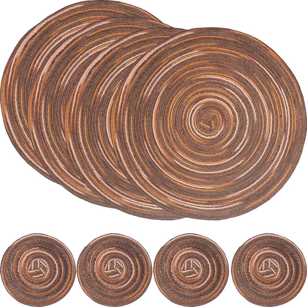 SCF2017 Round Woven Cotton Placemats, Heat Resistant 30cm Table Mats and 11cm Coasters,Set of 4,Coffee
