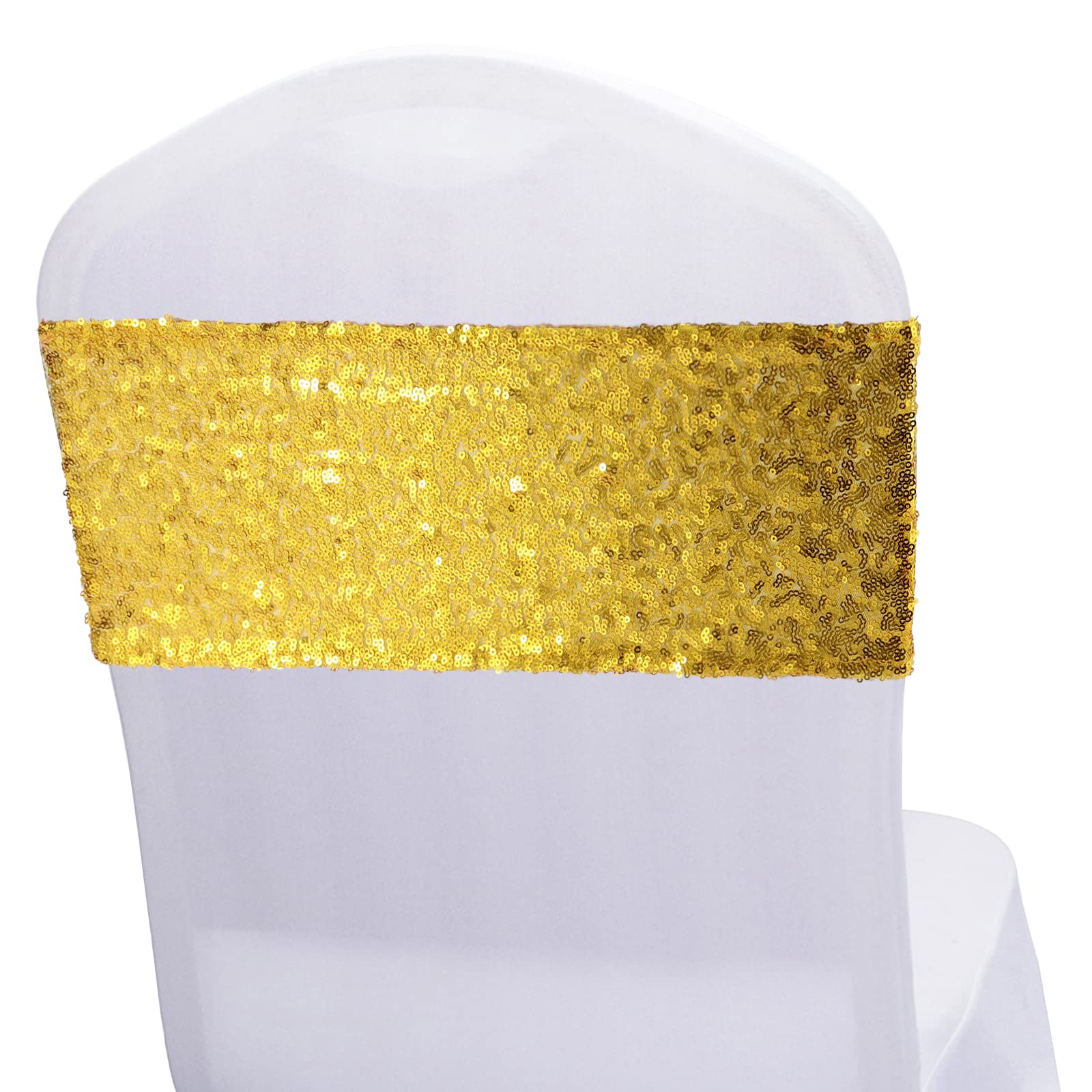 KEILEOHO 60 Pack 14 x 6 Inches Sequin Chair Sashes, Stretch Chair Bands, Gold Sash Band Chair Ties Decorative Glitter Bands for Event Chair Cover, Wedding, Banquet, Party