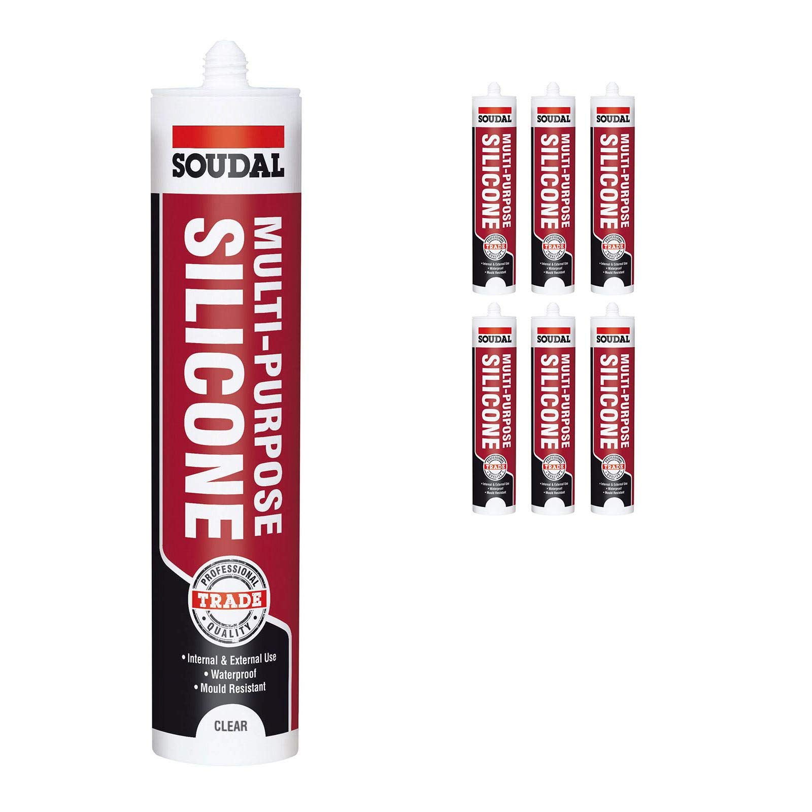6 x Clear Soudal Trade Silicone Multi Purpose Construction Sealant Acetoxy with Fungicide