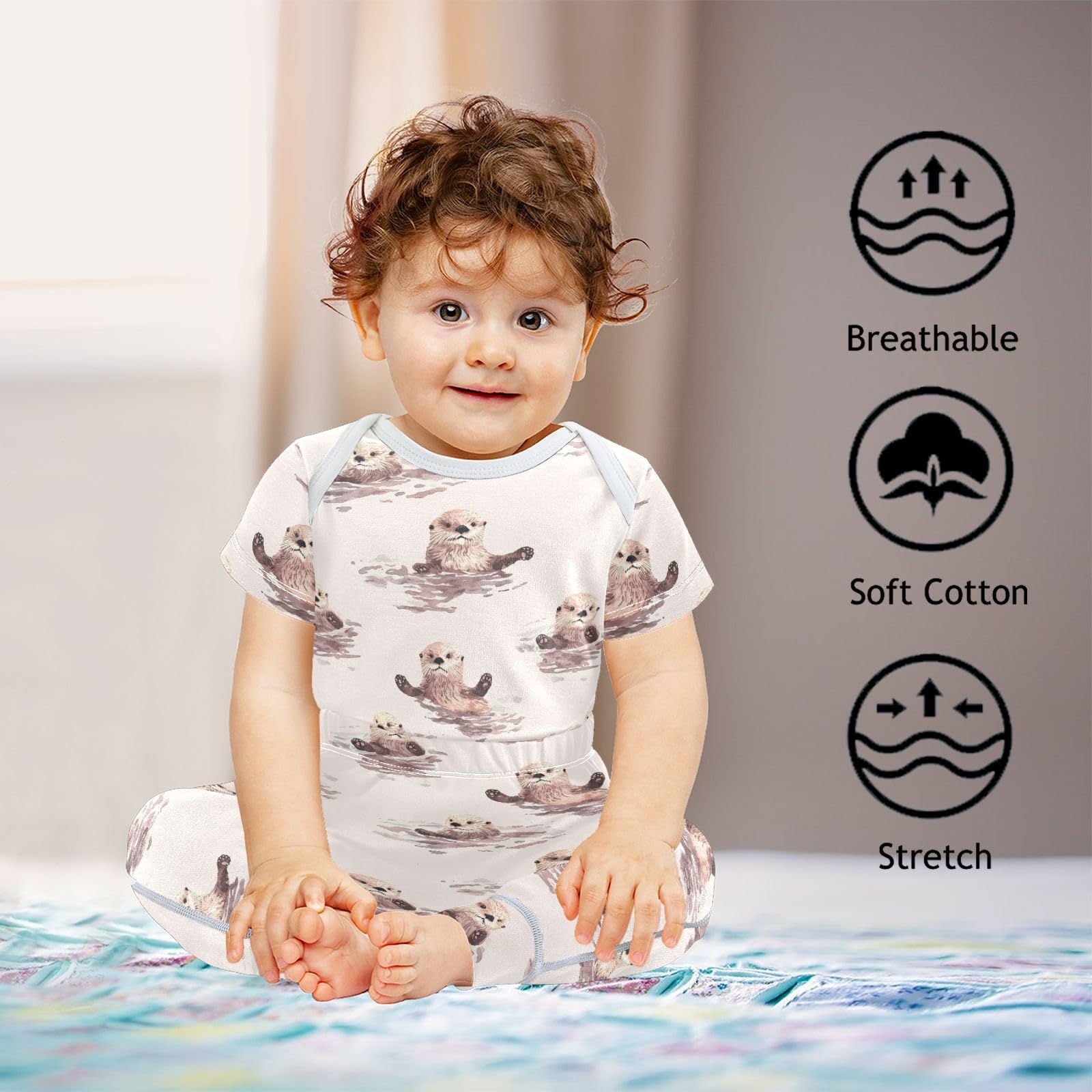 vvfelixl Unisex Short Sleeve Baby Pants Sets,Cartoon Sea Otter Baby Bodysuits Set,Babys Layette Sets Clothes for 18-24M