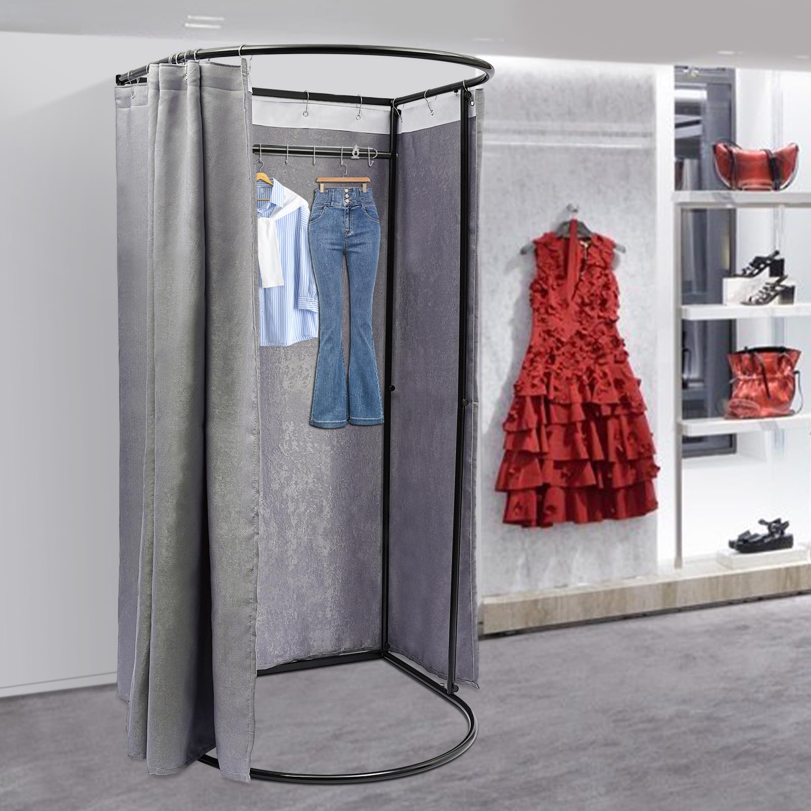 Umkleidekabine für Bekleidungsgeschäfte mit Sonnenschutzvorhängen, tragbare Mobile Sichtschutz-Umkleidekabine, Faltbare Umkleidekabine für Einkaufszentren, 200x100x95cm (Grau)