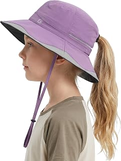 GADIEMKENSD Kids' Ponytail Bucket Hat, UPF50+, Black Coated Under-Brim, Cooling Sweatband, Breathable, Suit for Outdoor