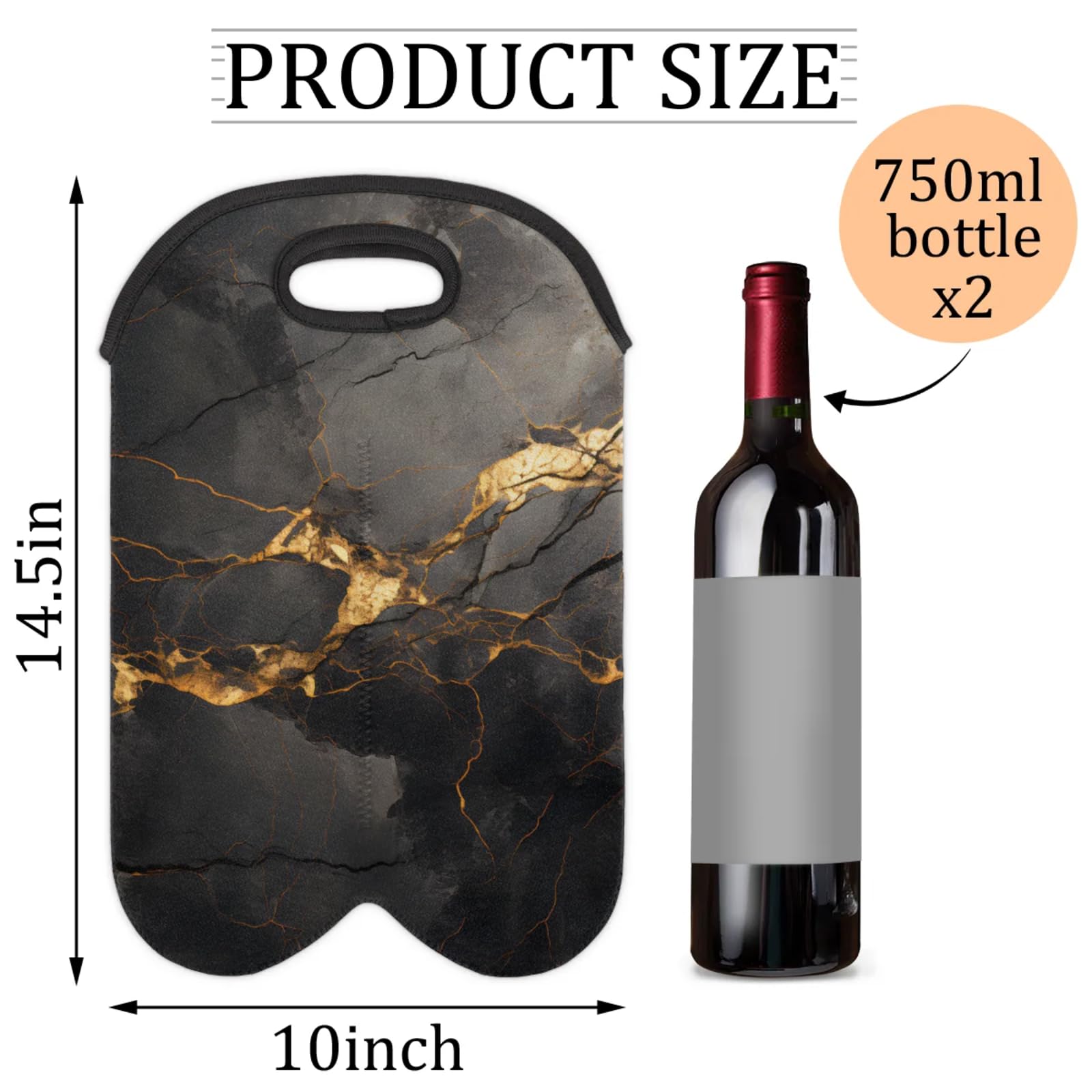 GzLeyigou 2 Bottles Black Marbling Texture Wine Bag Sleeve Totes Gold Glitter Neoprene Protective Wine Carrier Bag for Wine,Water, Champagne, Beer, Baby Bottles,Gift 14.5 x 10 Inches