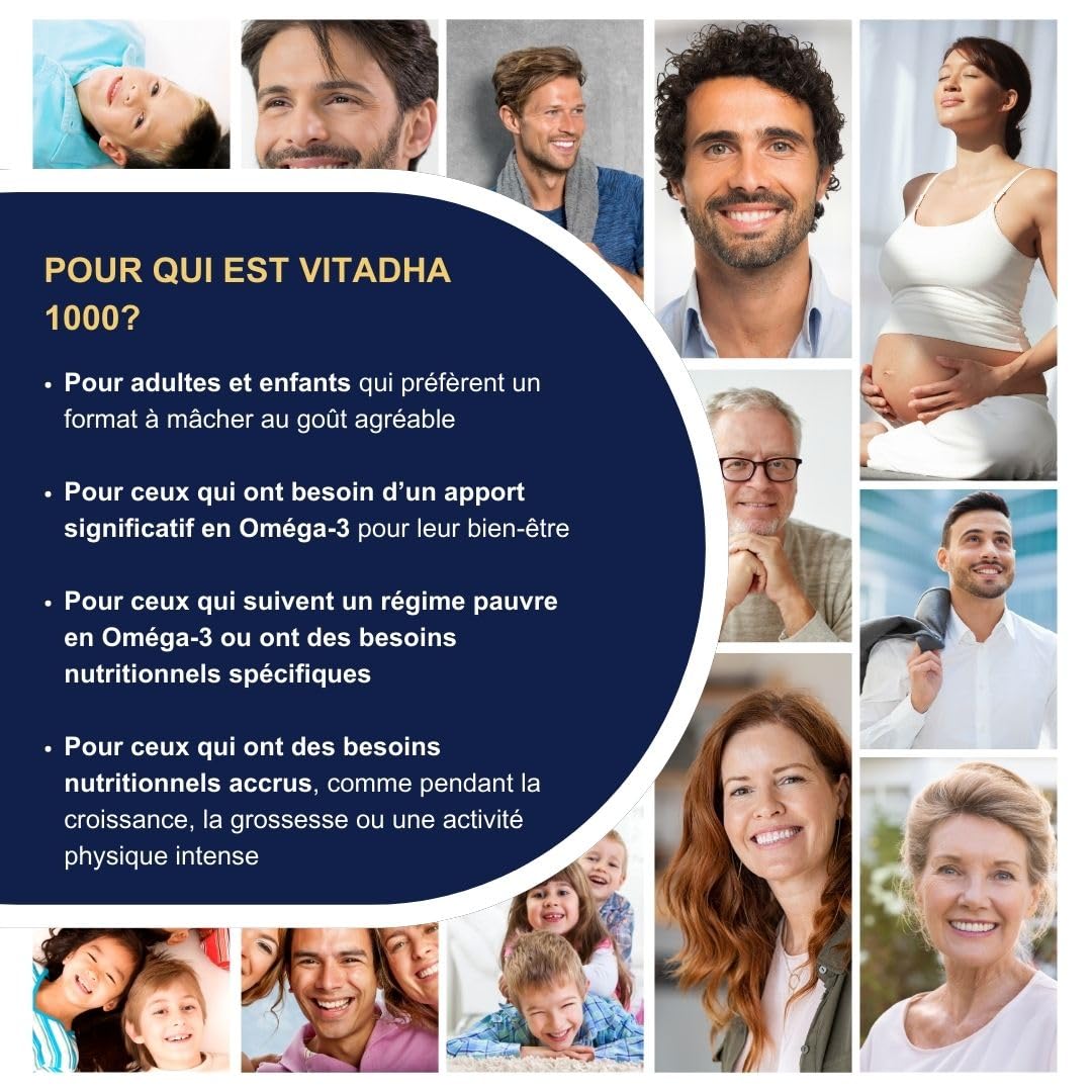 VitaDHA 1000 – Omega -3 Supplément alimentaire DHA - précieux pendant la grossesse et l'allaitement - alliée pour la santé du cerveau, cœur et vision - Saveur de citron - 60 gélules