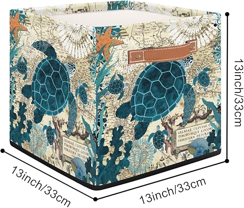 Miniatura 2 de Cesta de almacenamiento de tortuga marina vintage, caja de almacenamiento plegable de tela de 13 x 13 x 13 pulgadas, cubos cuadrados con asas para