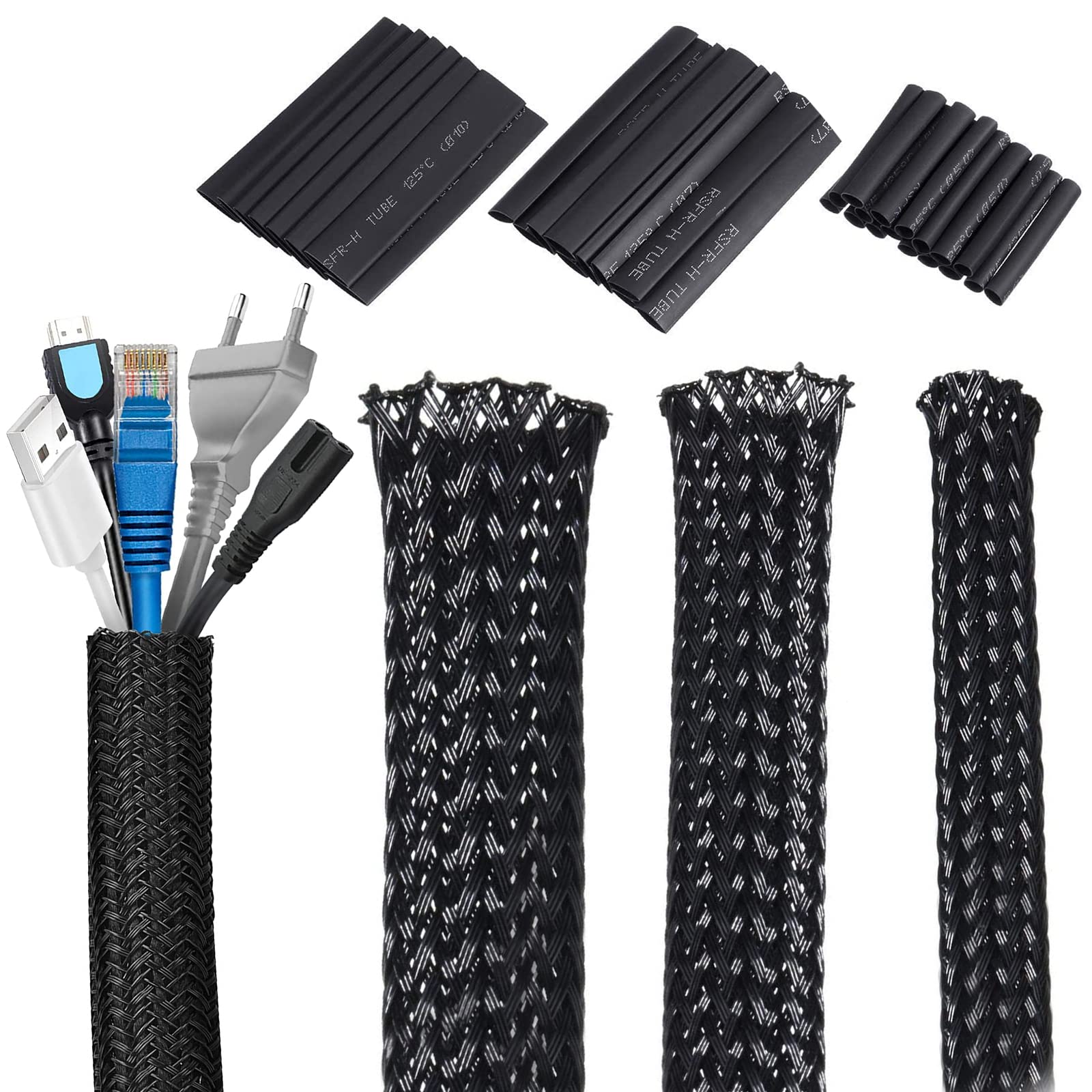 50ft PET Expandable Braided Cable Sleeve Cable Management Sleeve Wire Tidy Cable Management Sleeve with 127 Pieces of Shrink Tube Cable Tidy Trunking ​for Organize and Hider Wires (1/2In 1/4In 3/8In)