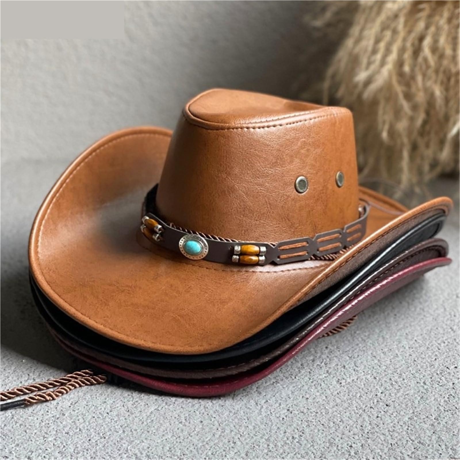 Cappello Cowboy Cappelli da Cowboy in Pelle PU for Donna Uomo Cappelli Vintage da Gentiluomo Cappellino da Jazz Cowgirl