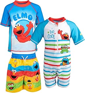Bert and Ernie Big Bird Elmo Grover Oscar The Grouch 3 Piece Swimsuit Set: Sunsuit Swim Rash Guard Swim Trunks