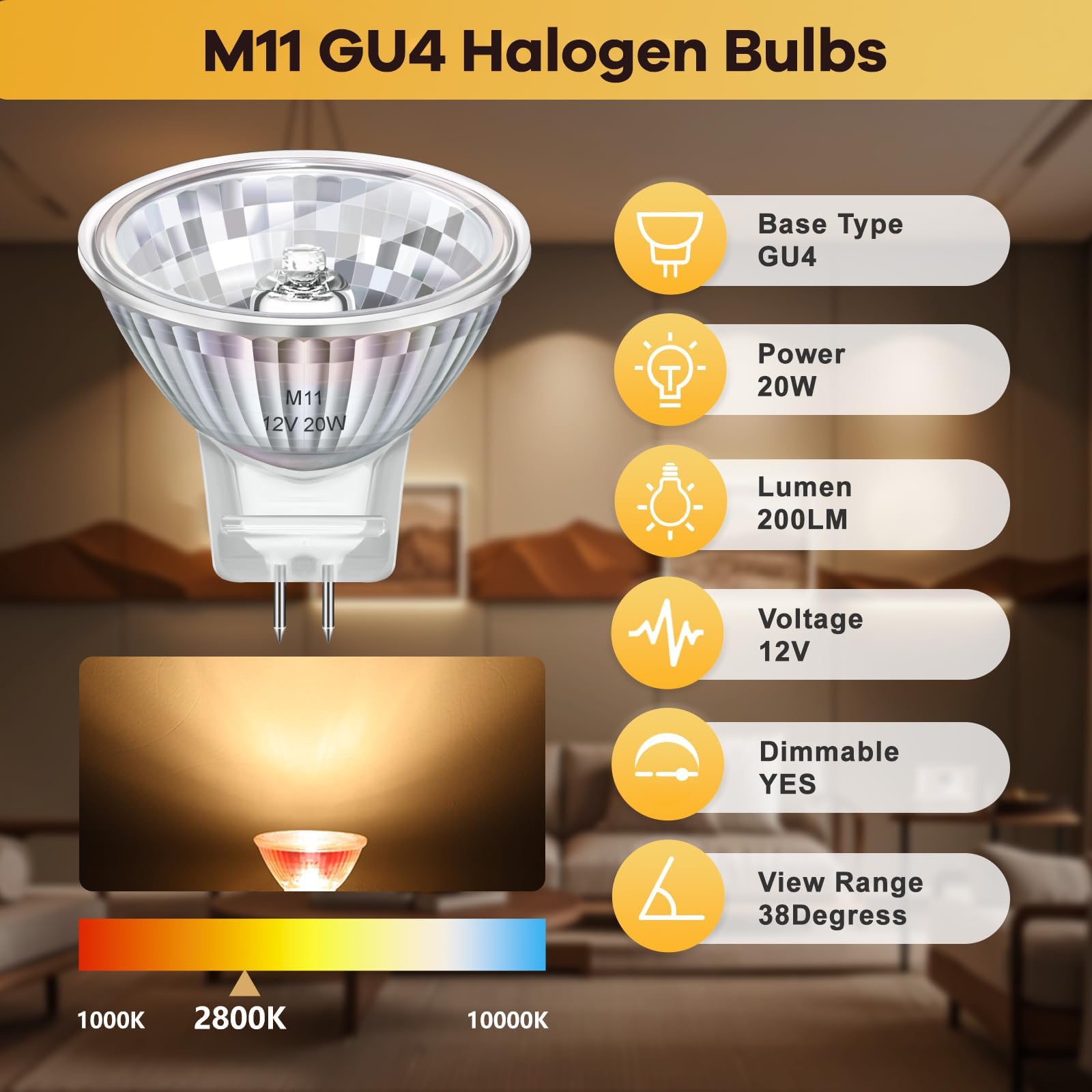 Confezione da 8 Lampadina Alogena 12v 20w Gu4 mr11, Faretto Alogeno GU4 2800k Bianco Caldo Dimmable, per la Casa, Paesaggio, Incasso, Illuminazione a Binario