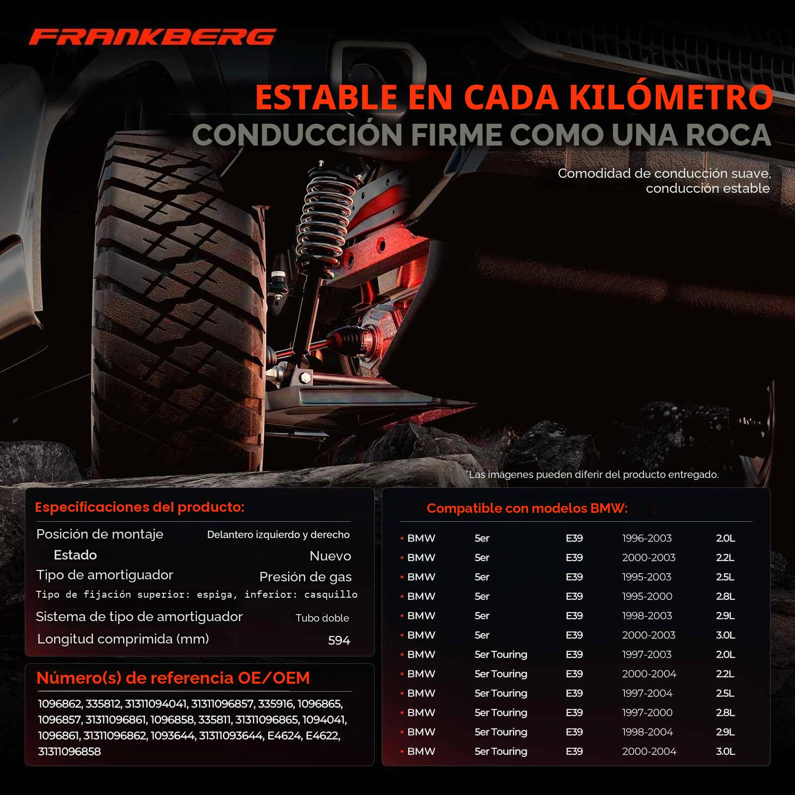 Frankberg 2 amortiguadores delanteros de 594 mm a presión de gas | Compatible con: Serie 5 E39, Serie 5 Touring E39
