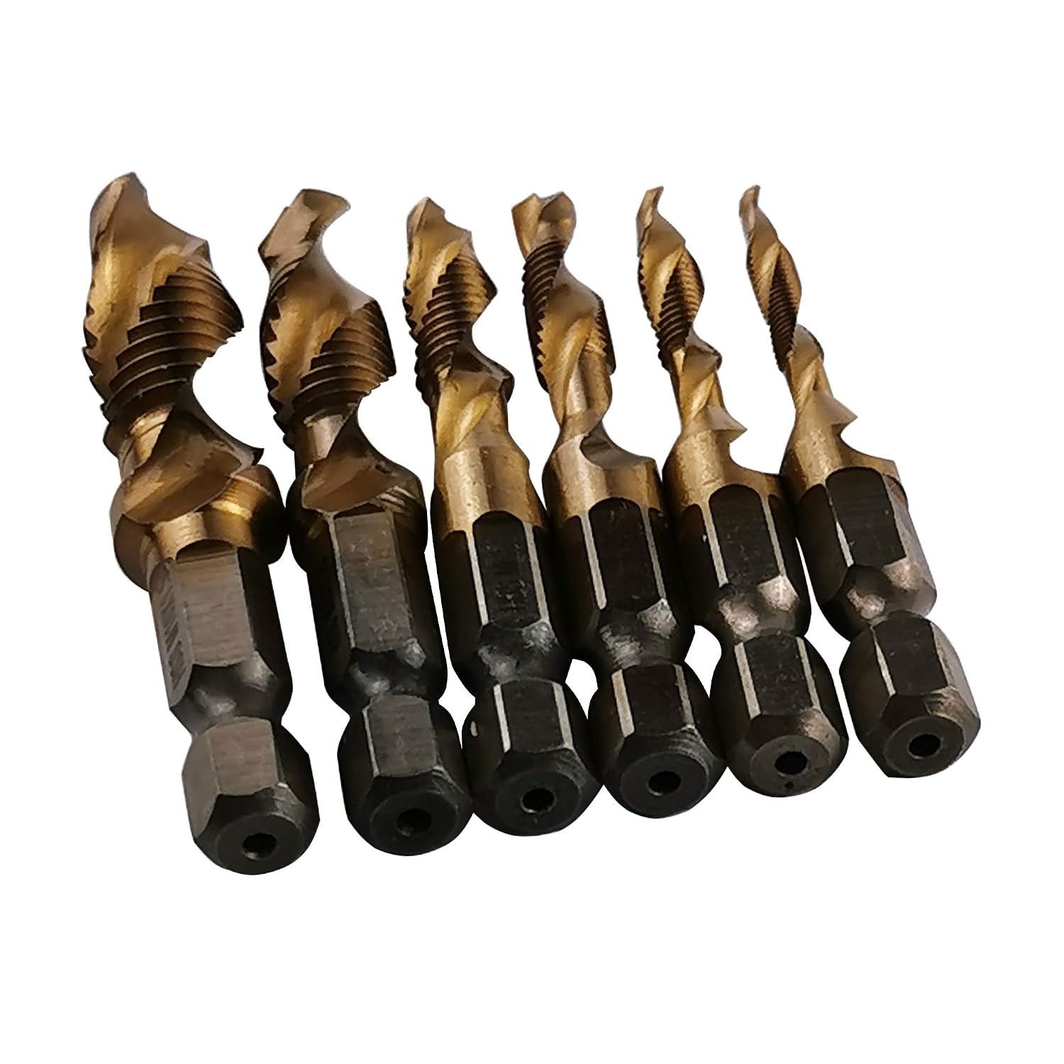 6 Pcs 1/4" Drill Screw Tap Bit Set Titanium Plating Combination Hexagonal Shank Tap M3 M4 M5 M6 M8 M10 (Short)