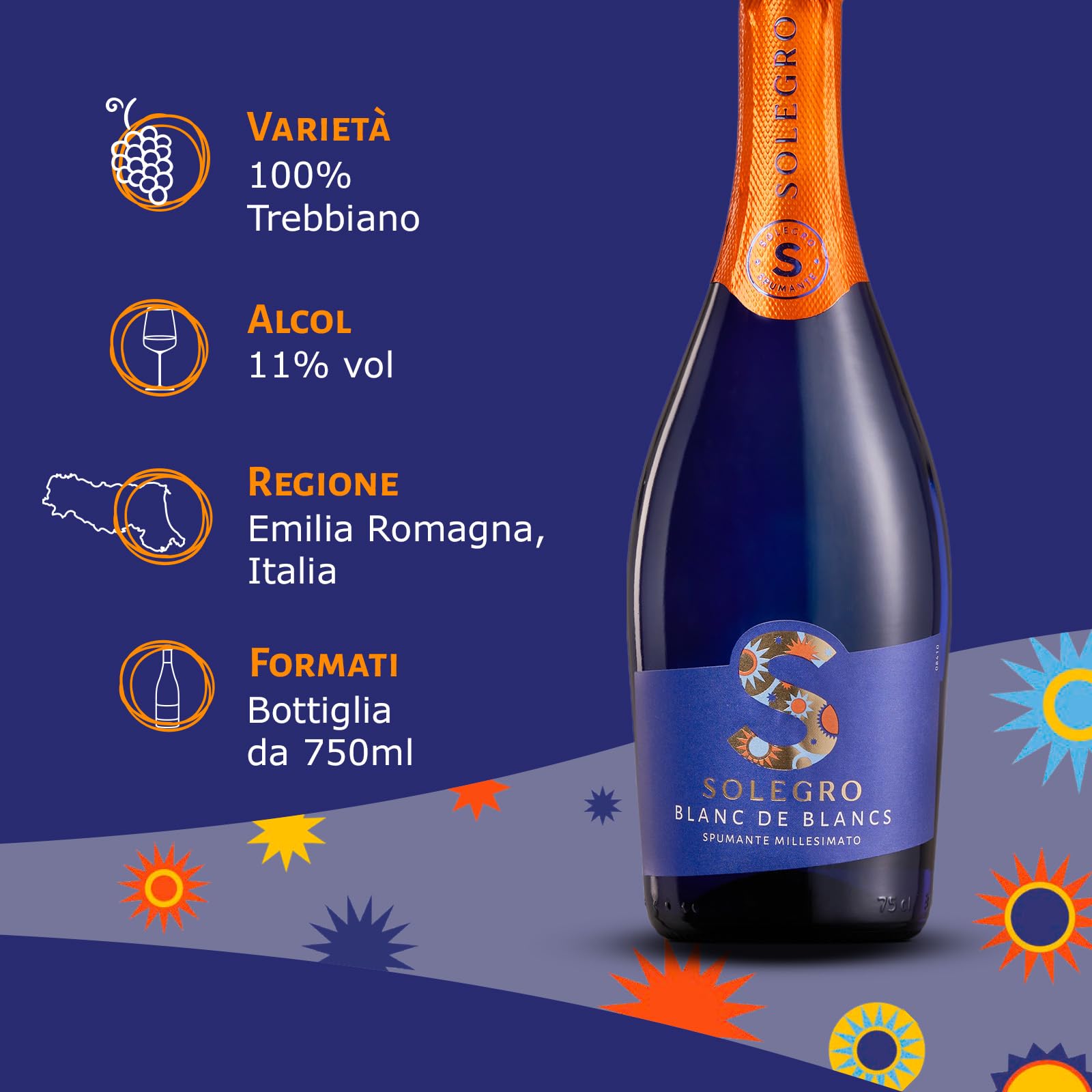 Solegro Spumante Blanc de Blancs Millesimato Extra Dry, Fresco e Fruttato, perfetto da Aperitivo - 11% vol, Confezione con 6 Bottiglie da 750 ml