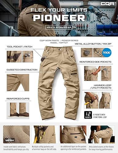 Miniatura 7 de CQR - Pantalones de trabajo tipo cargo para hombres, tácticos, impermeables, de secado rápido, ligeros y elásticos, para exteriores y senderismo