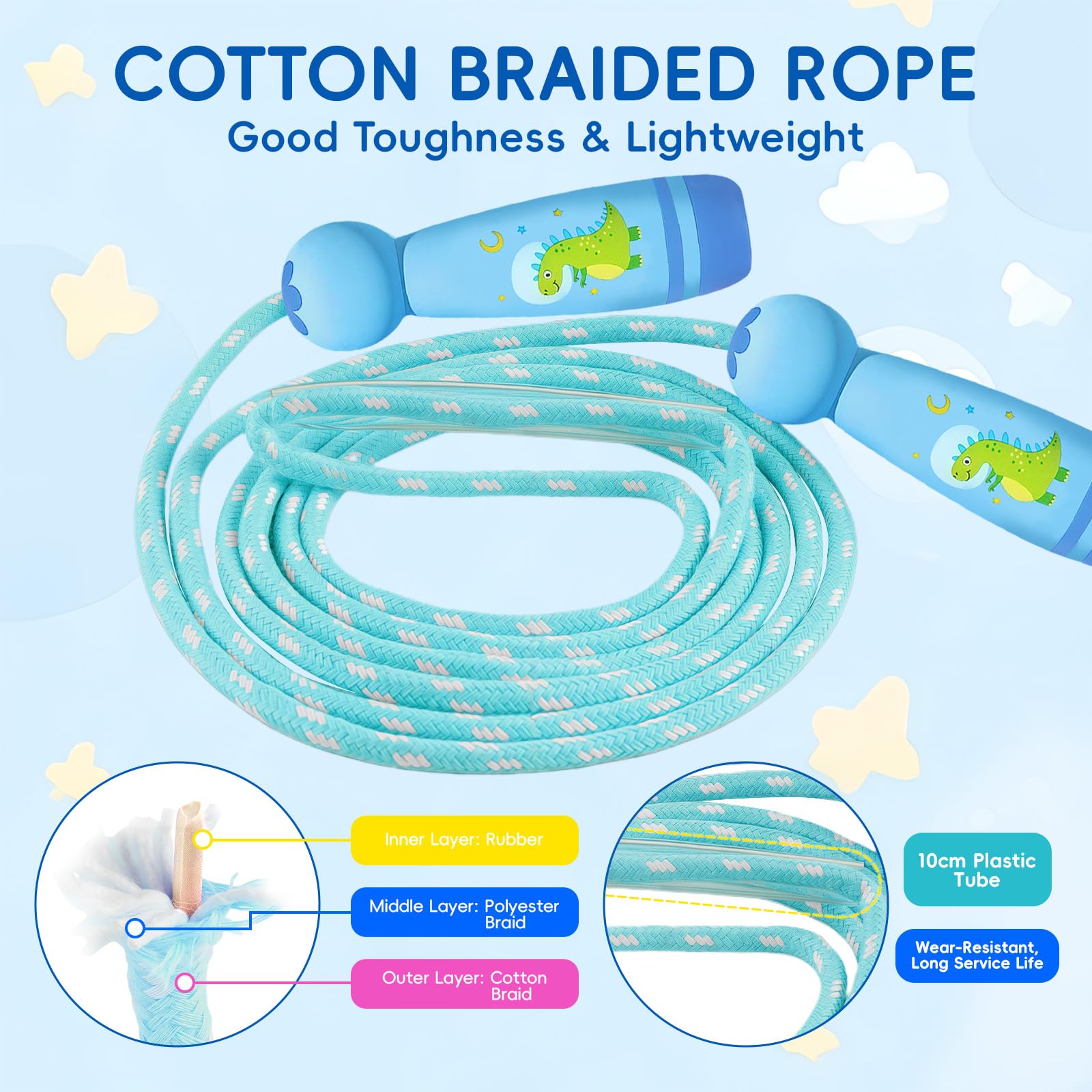 Corde à Sauter Flintronic Enfant 2.6m – Poignée En Bois, Coton Tressé Coloré, Réglable, Pour 5-13 Ans, Extérieur Et Intérieur
