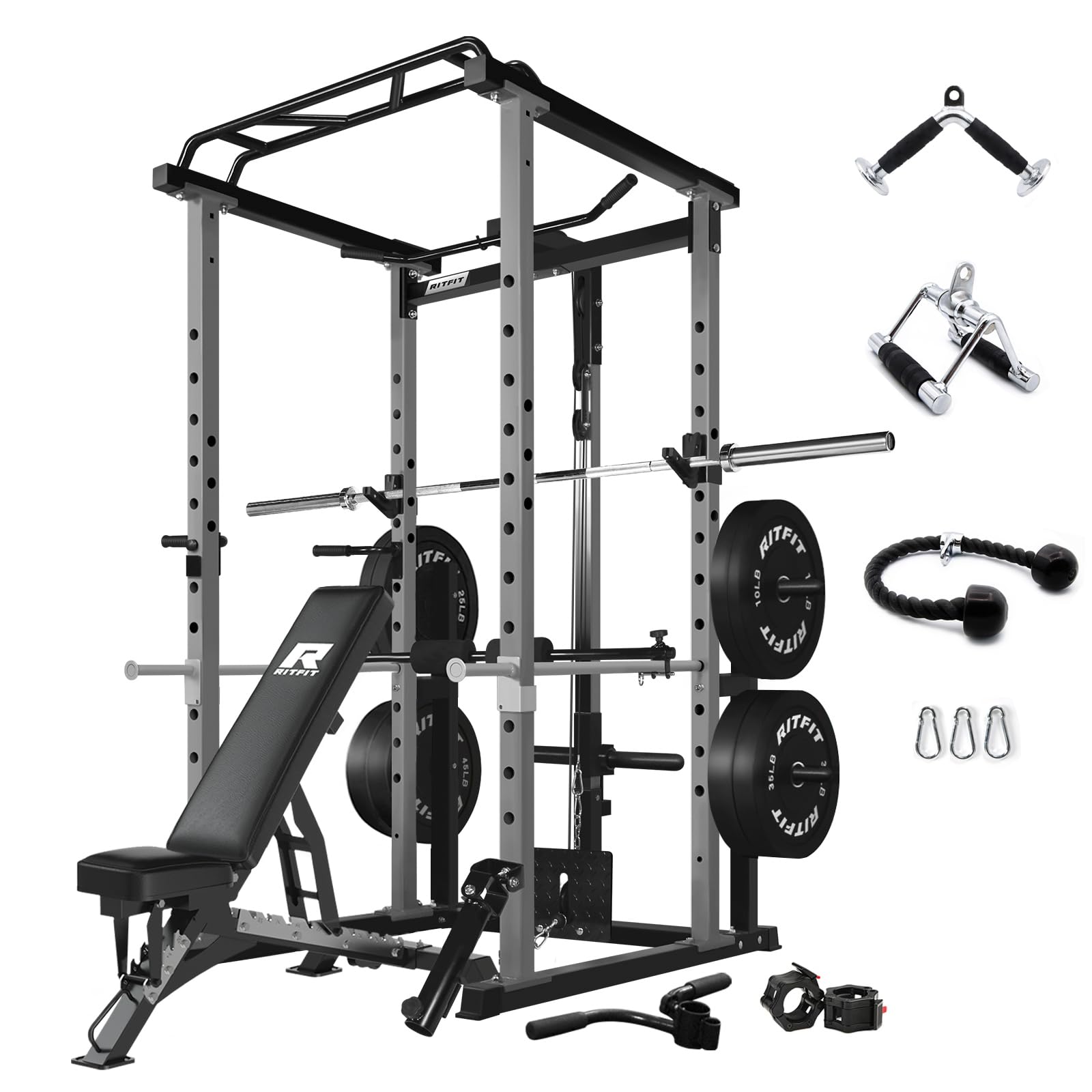 RitFit Squat Rack Power Cage Home Gym Package, Includes 1000LBS Power Rack with LAT Pull Down, Weight Bench, Rubber/Bumper Plates Set with Olympic Barbell (Package 1.6K (Bumper Plate 230LBS))-Grey
