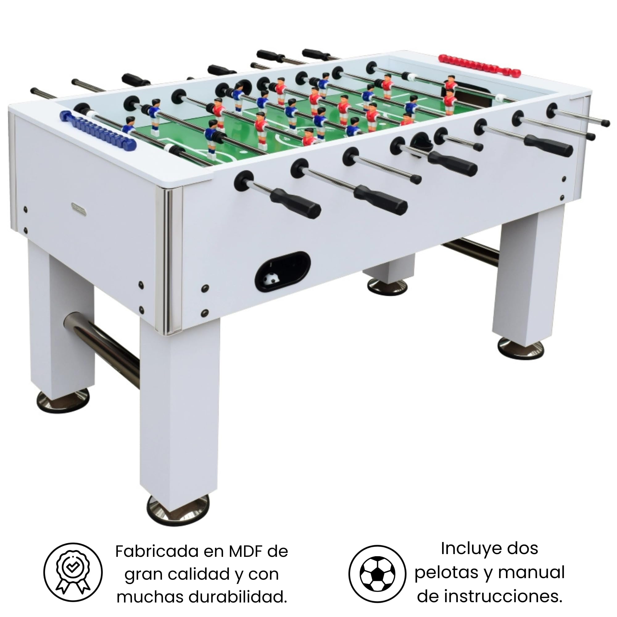 DEVESSPORT Futbolín Semi Profesional Salón Blanco con Retorno de Bolas| Jugadores de Piernas Separadas + Retorno de Bolas + 2 Pelotas Incluidas | Pack Futbolín Semi Profesional con Niveladores