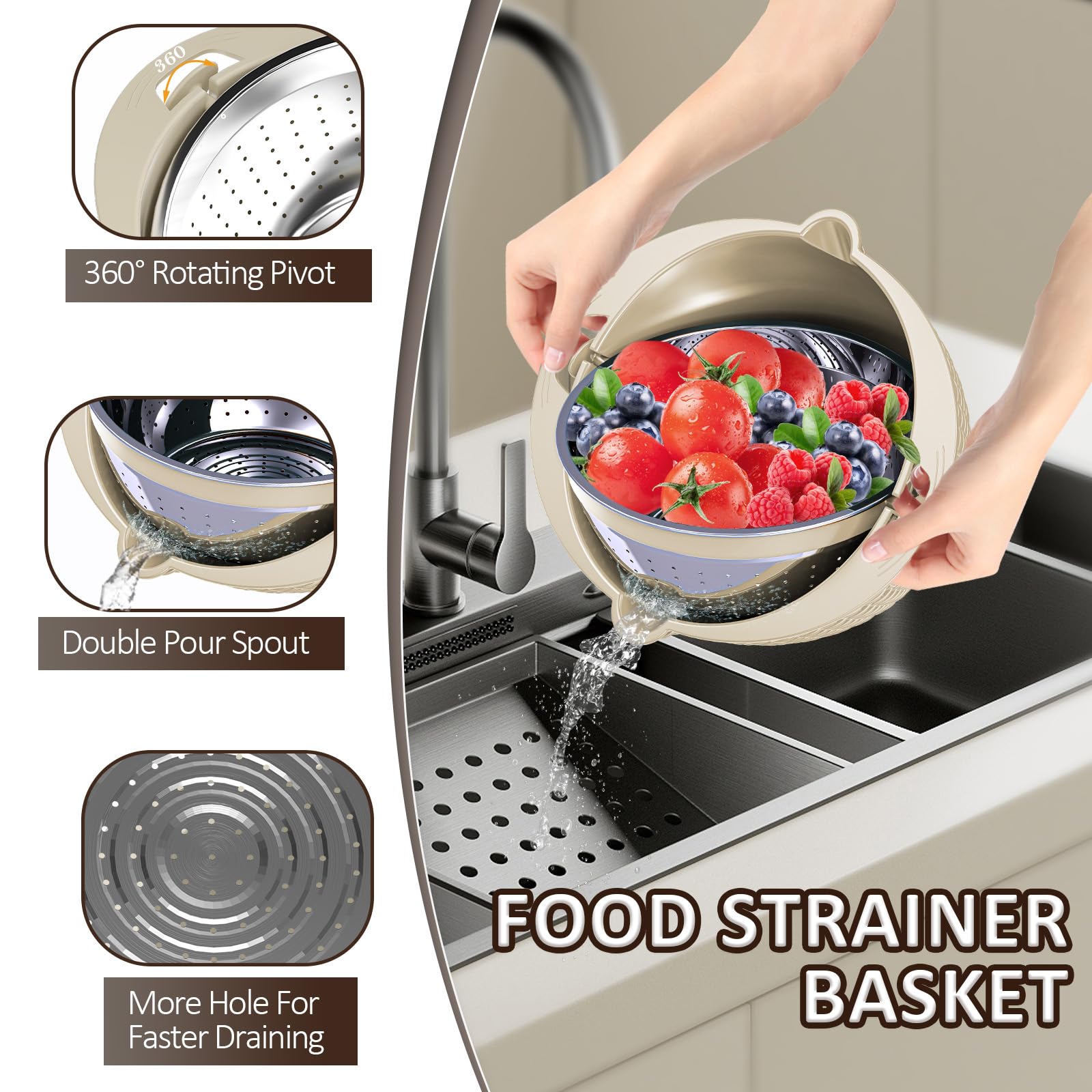 Scolapasta, 4-1 con ciotole per mescolare, colini per cucina, colini per alimenti con grattugia, gadget da cucina cestino per scolare pasta, verdura, frutta e verdura, beige