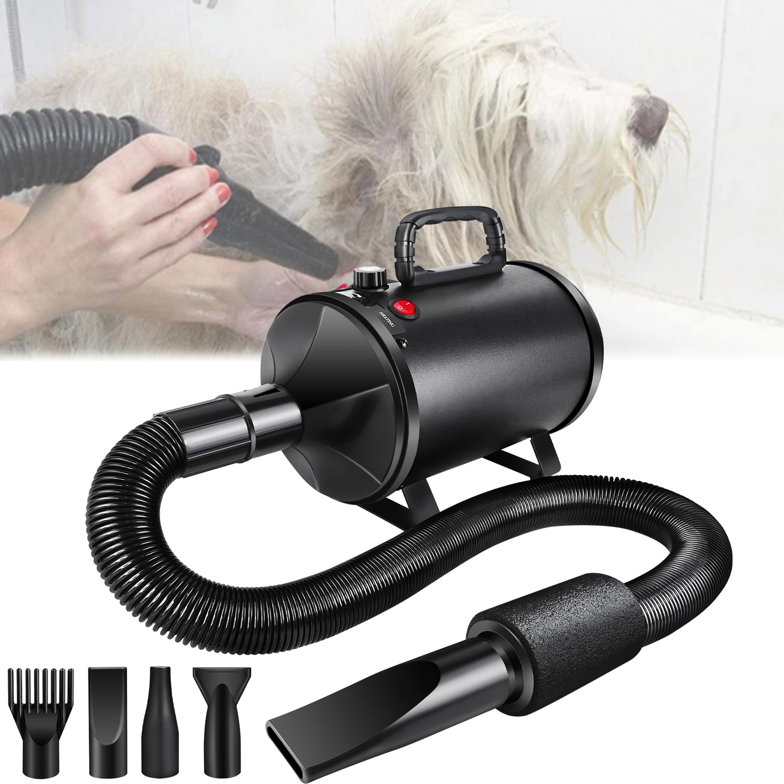 Secador para perros, 2800 W, secador profesional para perros, muy silencioso, con 4 boquillas diferentes, secador de pelo para mascotas, secador de pelo para mascotas, velocidad y calor ajustables,
