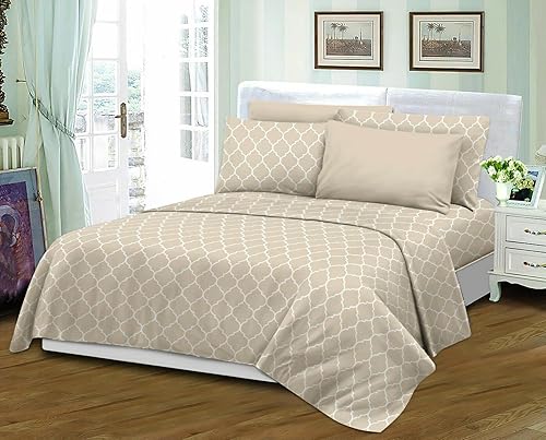 Linen Store Carter - Juego de sábanas de 6 piezas con diseño geométrico cuadriculado, tela de microfibra ultra suave de doble cepillado - Queen Beige