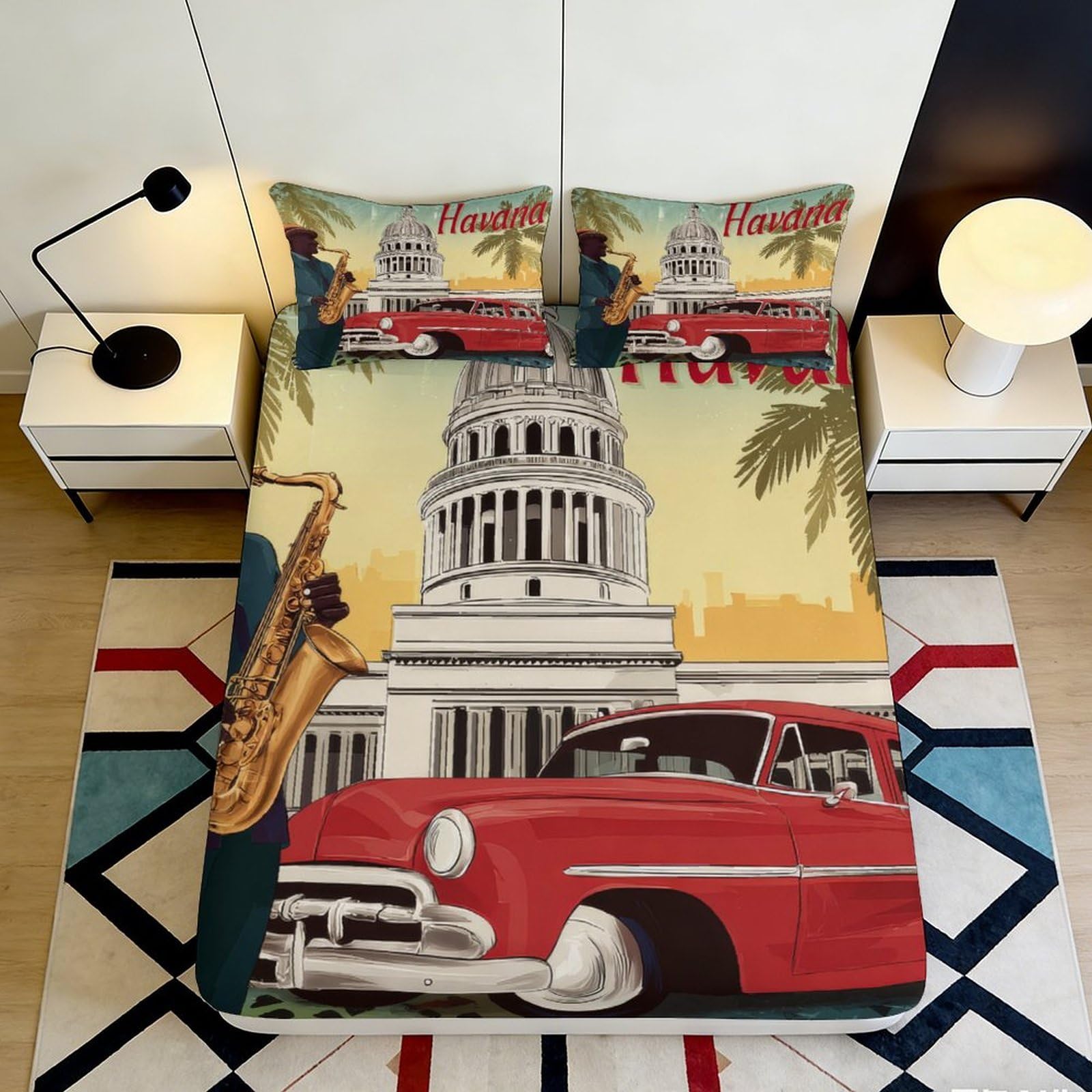 3D Printed Retro Car Landmark Fitted Sheet Microfiber Deep Pocket Non-Slip Bedding Retro Mattress Fitted Cover Washable 140x200x25cm