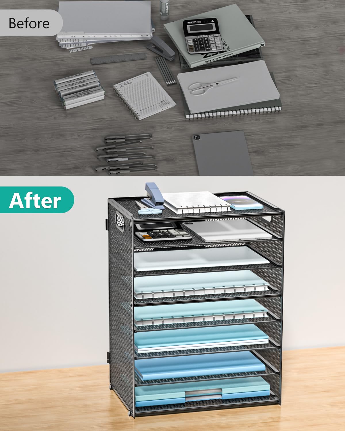 WALI Desk File Organizer, 8 Tier Desktop Paper Letter Tray Organizer with Handle, Office Desk Accessories & Workspace Organizers for Office, Home, School Supplies, 1 Pack, Black view 6