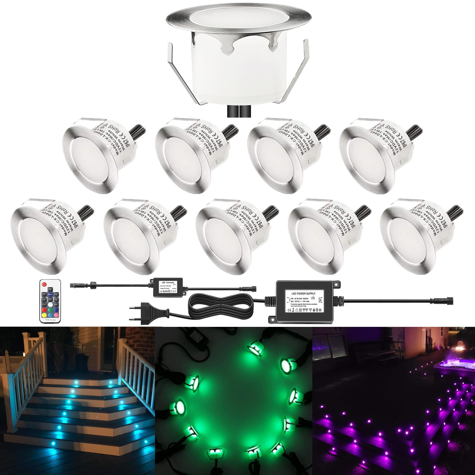 10er Set RGB LED Bodeneinbauleuchten Außen DC12V Ø45mm LED Einbaustrahler, IP67 Wasserdicht Terrassen Einbauleuchten Aussen für Küche Garten Treppen Balkon Gehweg Terrasse