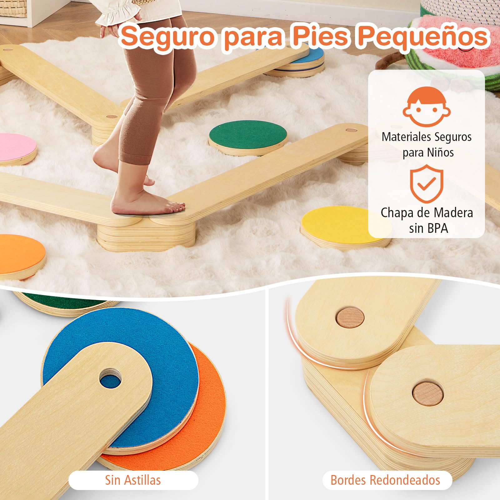COSTWAY Barra de Equilibrio de Madera y Piedrecita, Carrera de Obstáculos de Gimnasia para Niños de 12 Piezas, Juguete Montessori de Madera para Interior/Exterior, Regalo para Niños de 3 a 7 Años