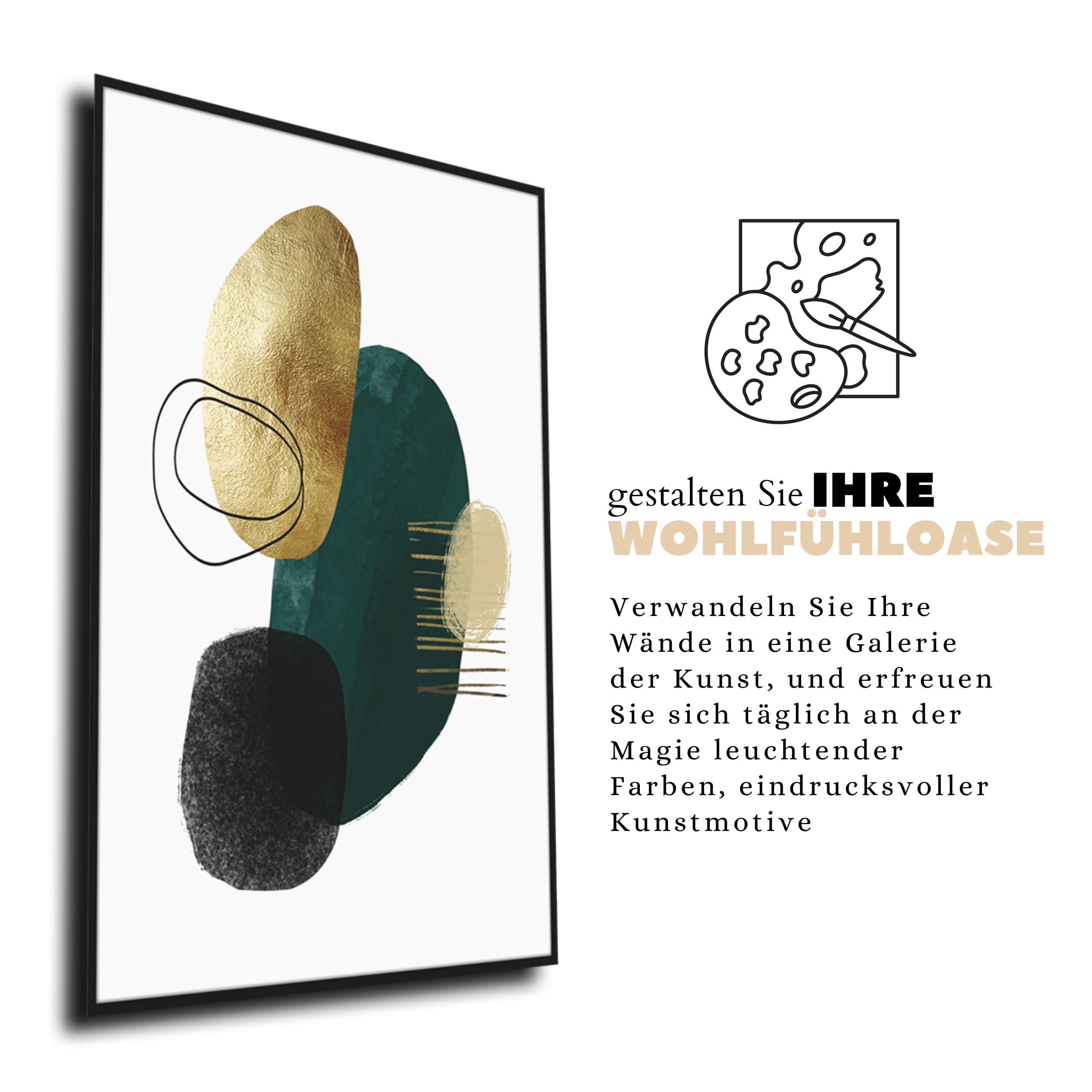 Bild mit Rahmen abstrakt Green Shape 2 | schwarzer Holzrahmen Optik | modern Kunst | farbig Linien und Formen fein | Wohnzimmer Schlafzimmer Arbeitszimmer Büro | schwarz grün gold | 50 x 70 cm