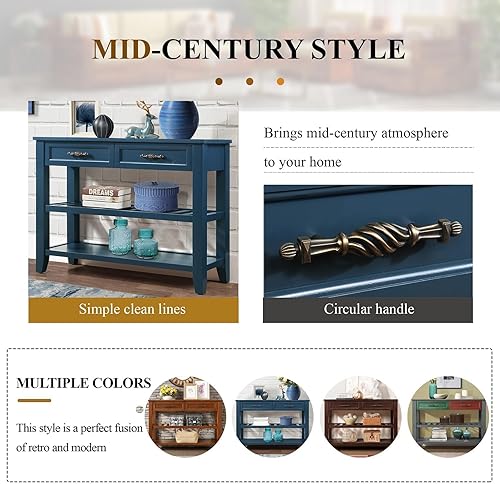 Miniatura 6 de Mesa de sofá consola estilo mediados de siglo con 2 cajones de almacenamiento y estantes de 2 niveles, aparador de madera maciza de 42 pulgadas para
