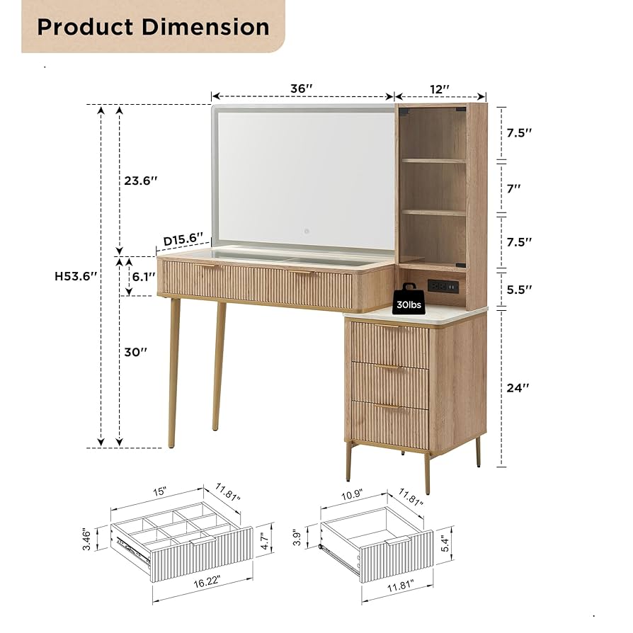 Amazon.com: T4TREAM Fluted Makeup Vanity Desk with 36