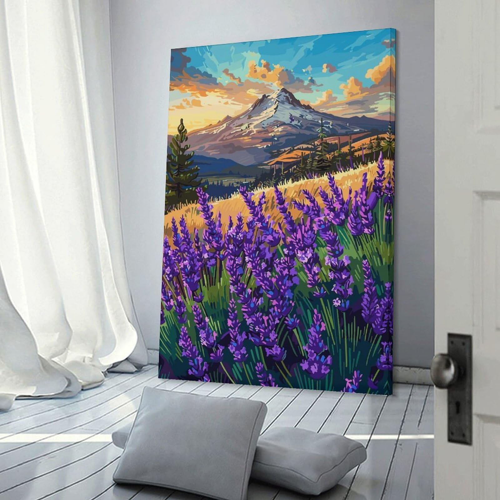 Junmoney Lavender Field with Mountain Home Decor Wall Art, 20x30inch(50x75cm), for Apartment Walls, Studios Or Work Areas, Wall Decor with Flexible Room Appeal