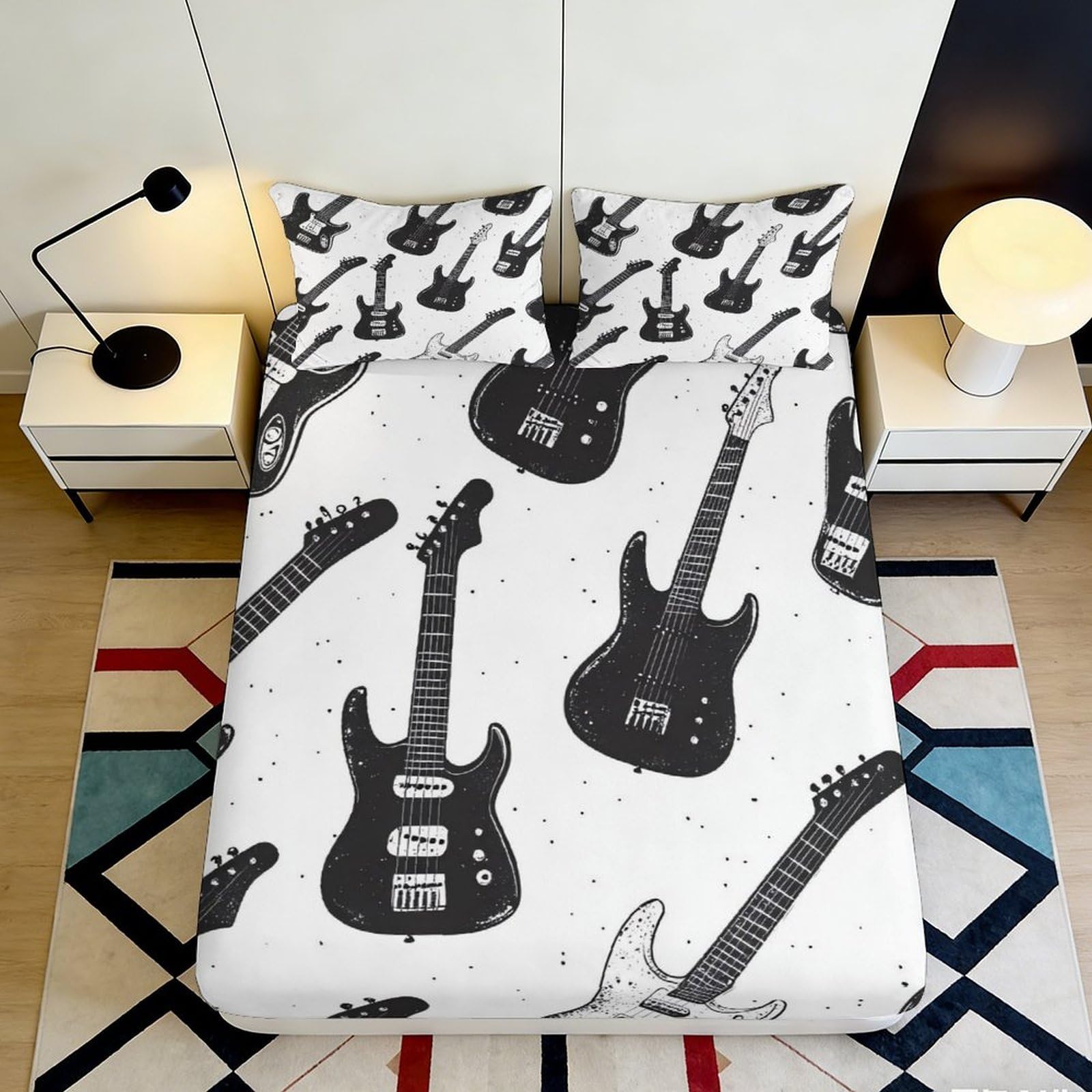 Pnayamiorkfel Style-5 3D Printed Guitar Pattern Fitted Sheet Microfiber Soft Non-Slip Bed Sheet For Bedroom Guest Room Dorm Decor 90X200x25cm