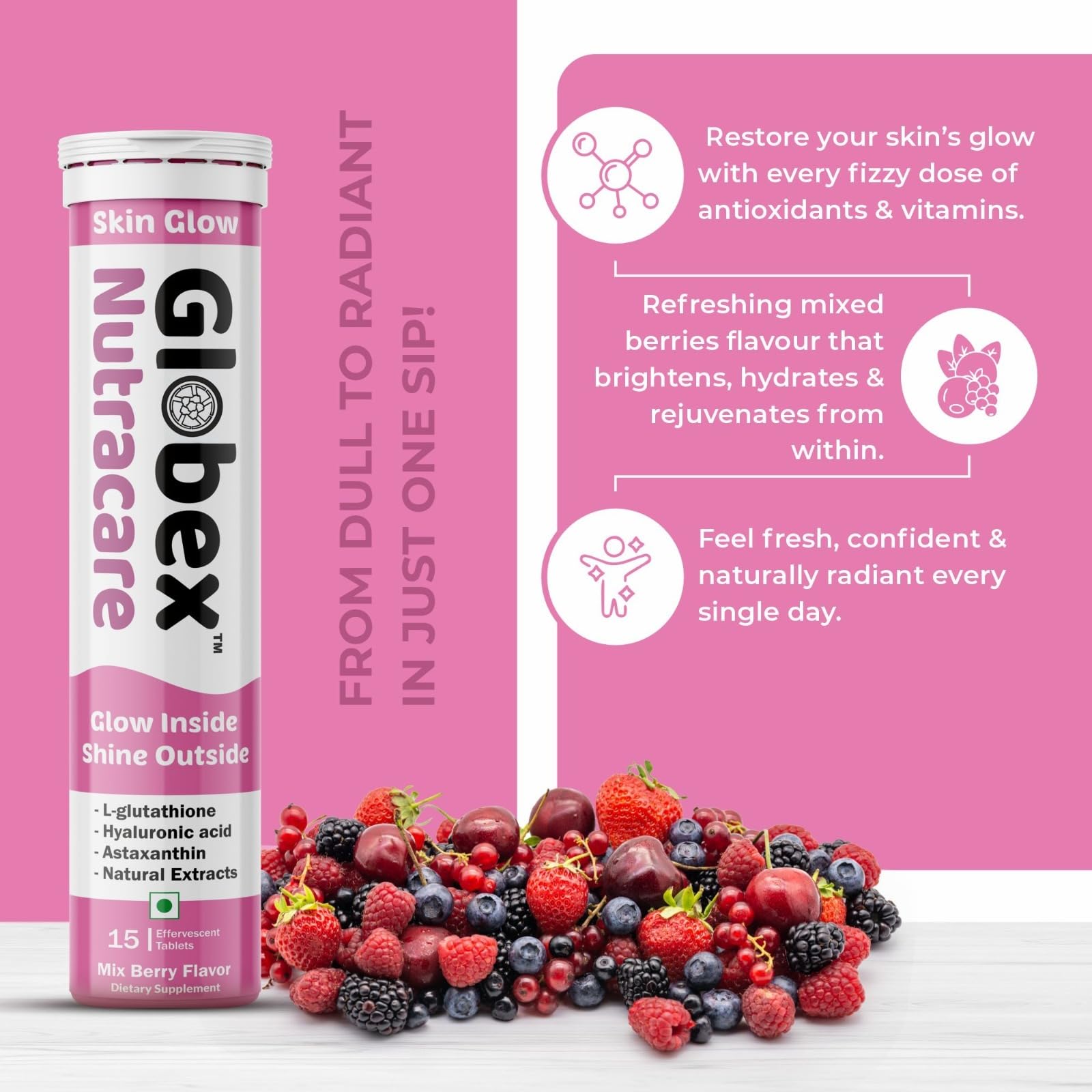 Skin Glow Effervescent Tablets | 30 Tabs | 500mg L-Glutathione, Vitamin C, Biotin, Astaxanthin & Hyaluronic Acid | Skin Hydration | Sugar Free, Mixed Berry Flavor — Amazon image 7