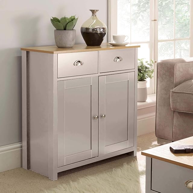 Home Source Grey Oak Sideboard 2 Door 2 Drawer Storage Cupboard, Metal Handles