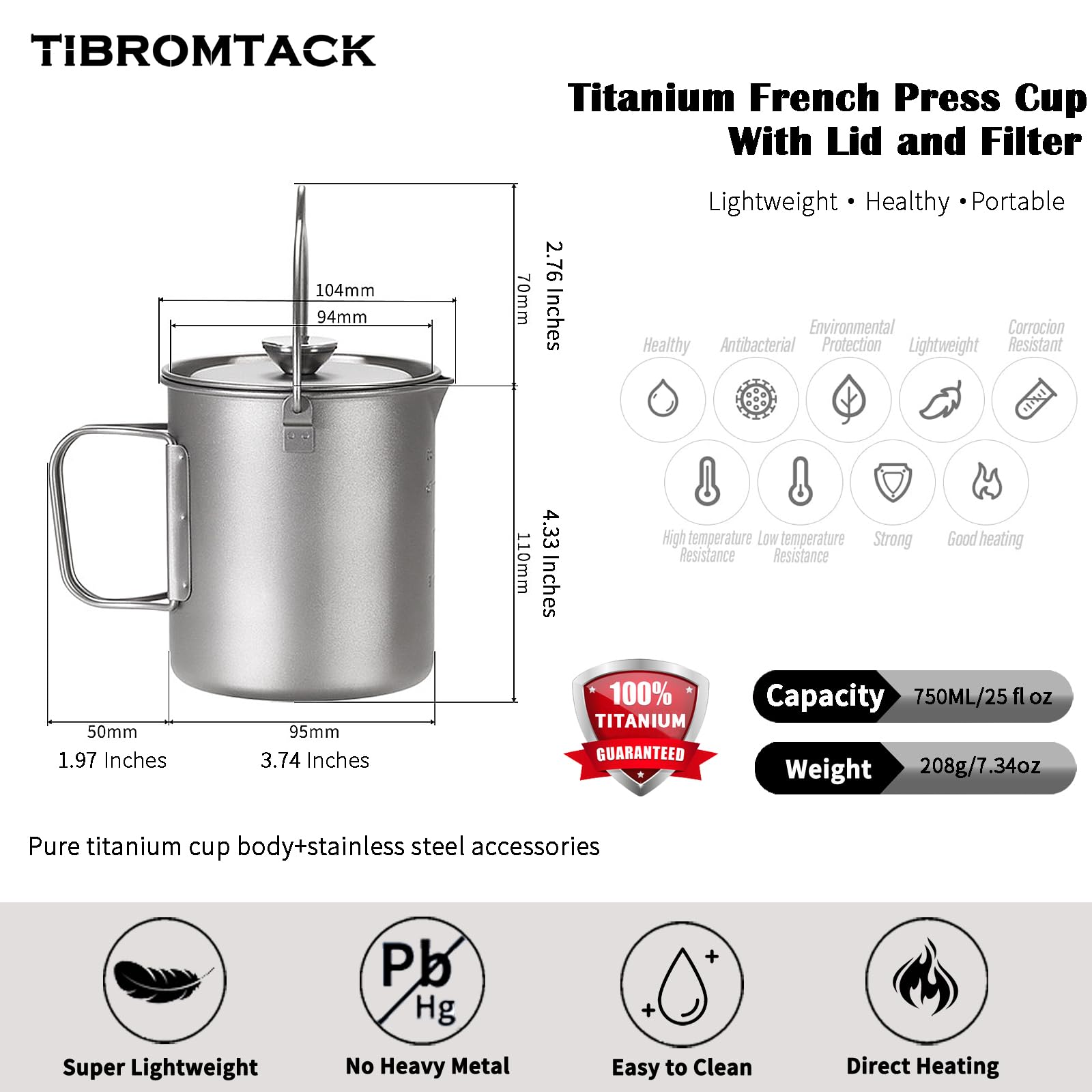 Cafetière à piston française en titane, 205 g, légère GR1 en titane pur, portable, pour camping, voyage, filtre réutilisable pour l'extérieur, thé et boissons chaudes, passe au lave-vaisselle