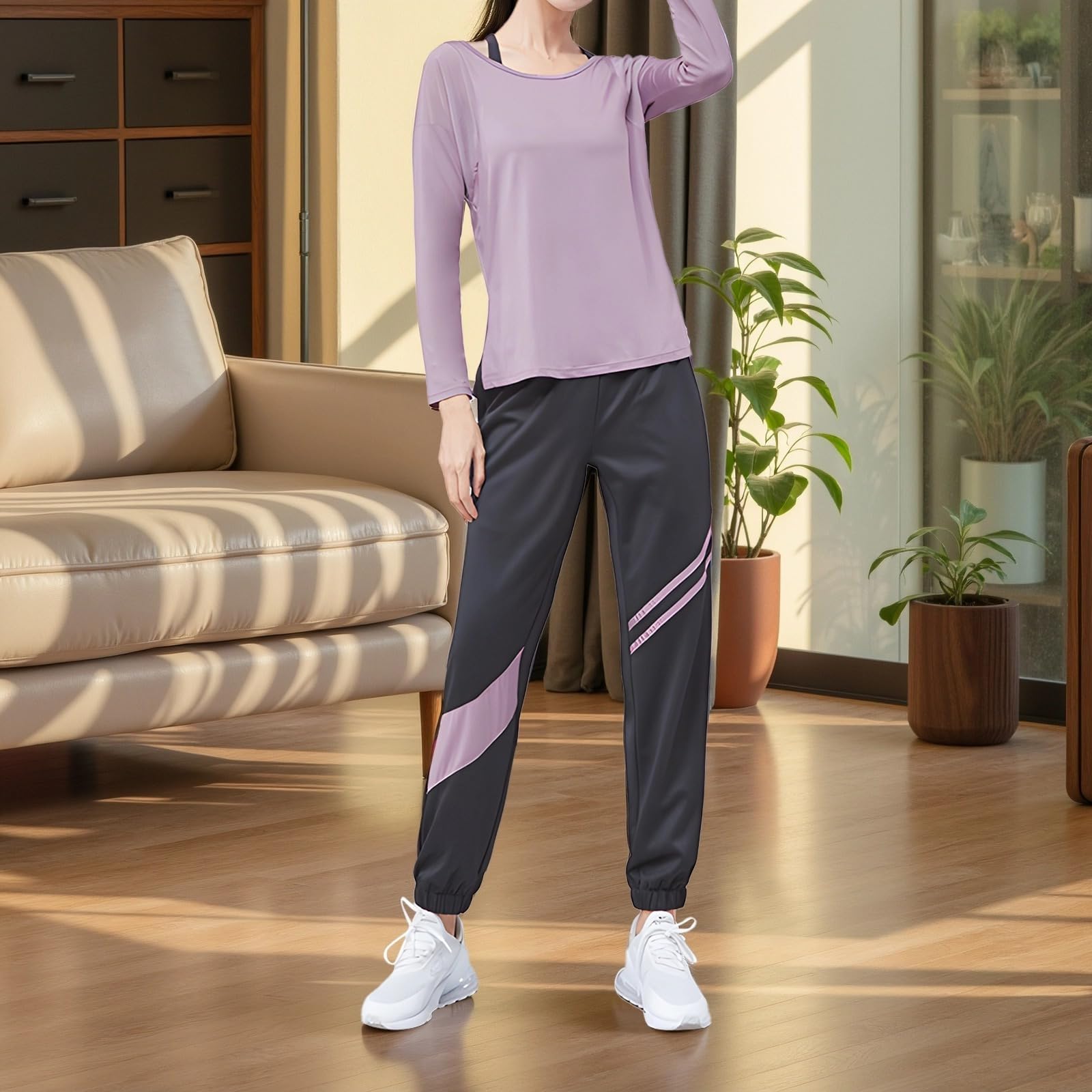 Ensemble de pilates noirs pour femme, ensemble deux pièces respirant XXL avec bloc de couleur et design taille haute, Multiples, taille unique