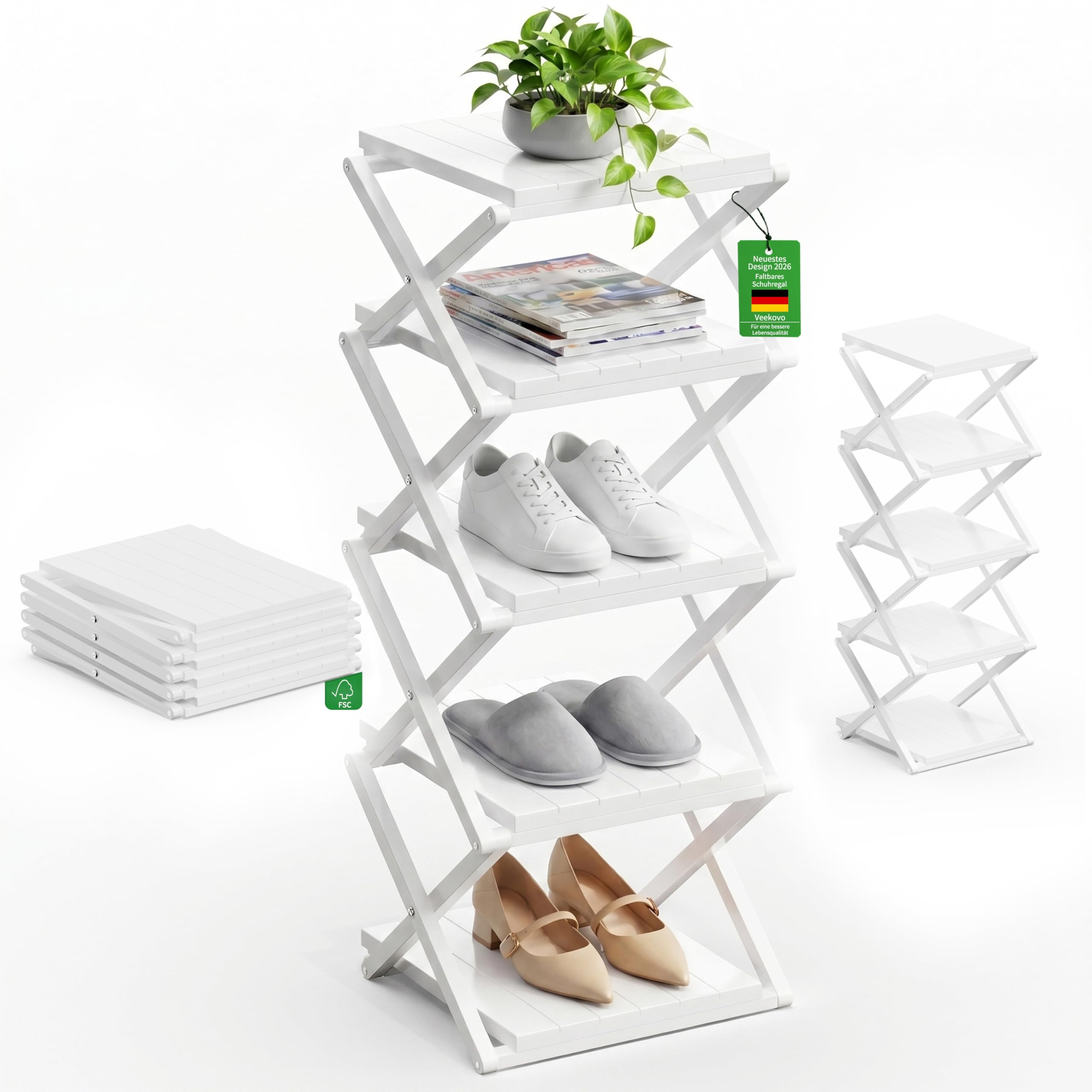 schmales Schuhregal, Ohne Installation, klappbarer Schuhhalter, Tragbare Holz Schuhregale, platzsparend, multifunktional für Eingangsbereiche und Schlafzimmer (Weiß, Verdickung 5 Schichten)